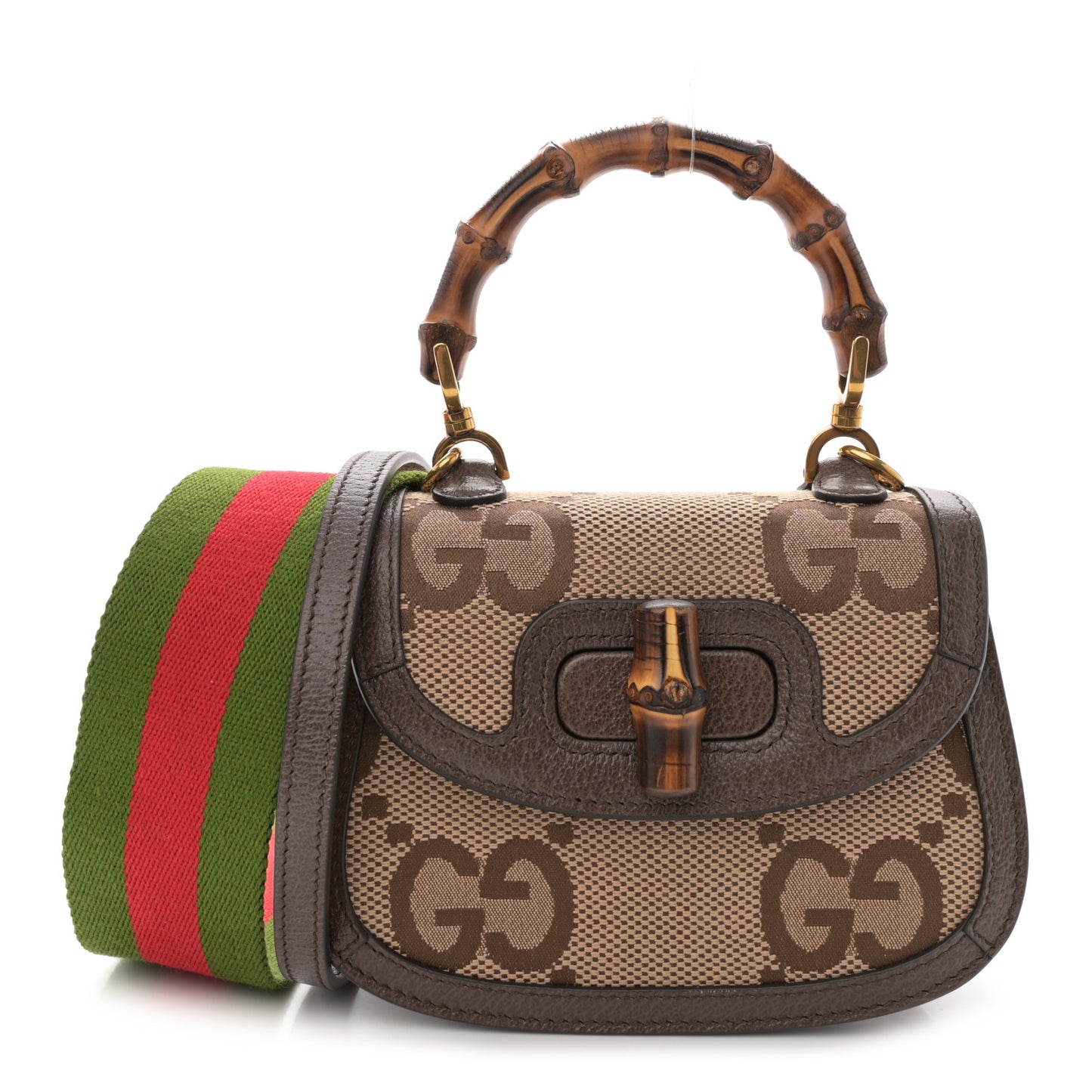 Monogram Jumbo GG Textured Dollar Calfskin Web Mini Bamboo 1947 Top Handle Bag Camel Ebony New Acero