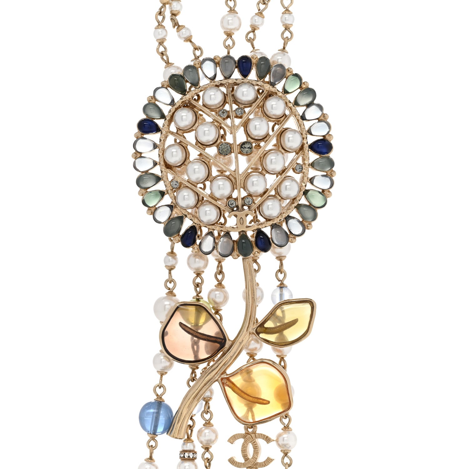 Chanel Pearl Beaded Flower Multi Strand Choker Necklace Golden White Blue Pearly White 4 of 7