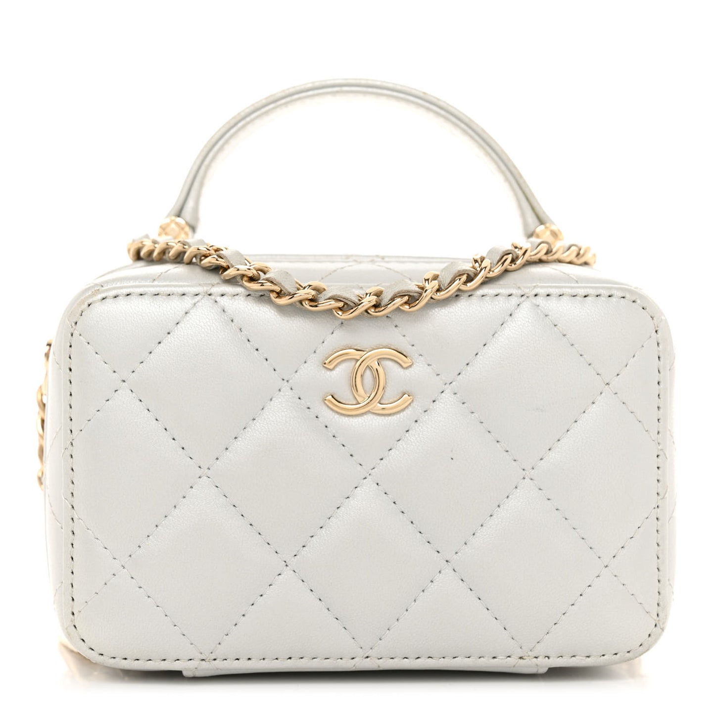 Metallic Lambskin Quilted Top Handle Vanity Case Silver