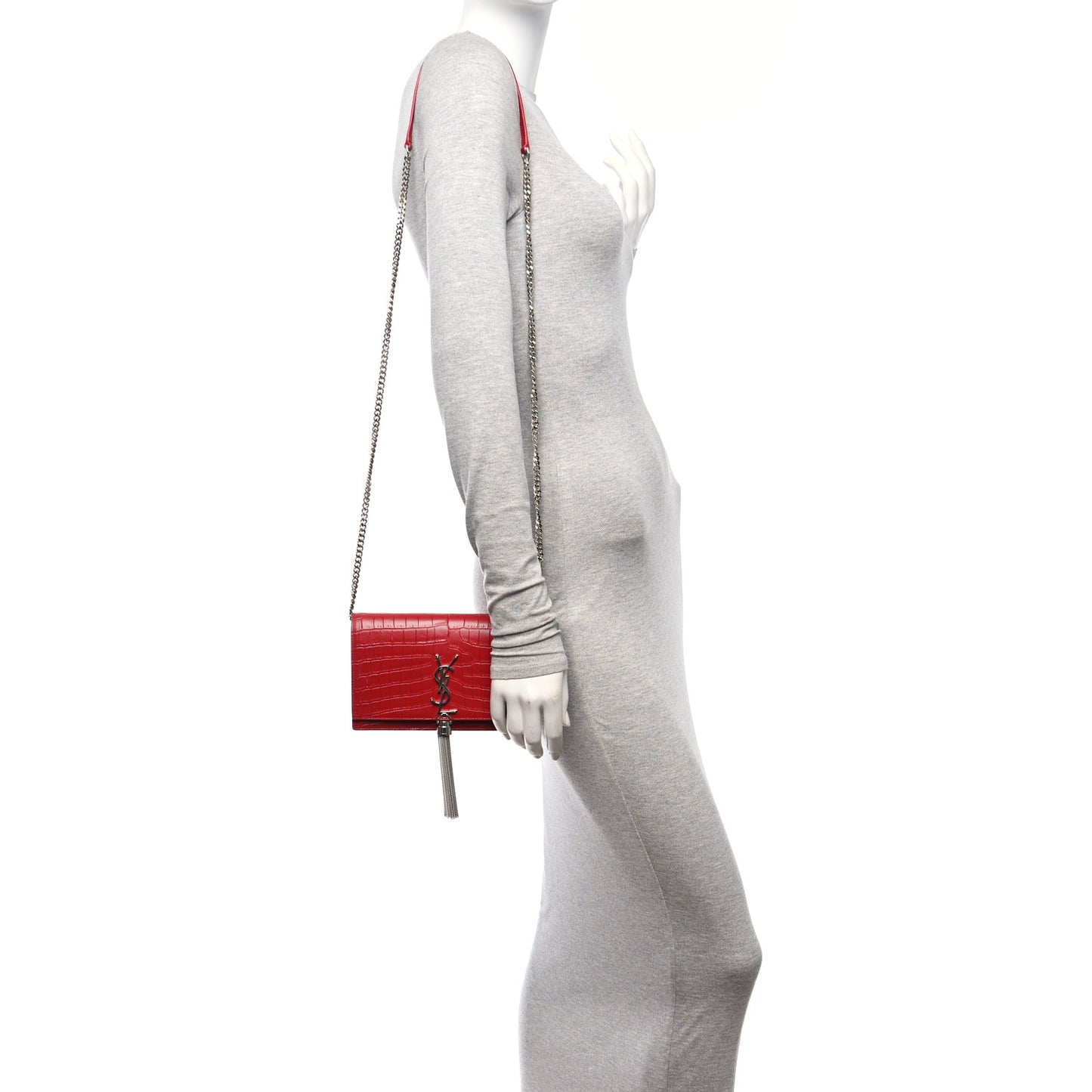 Calfskin Crocodile Embossed Kate Monogram Tassel Chain Wallet Red