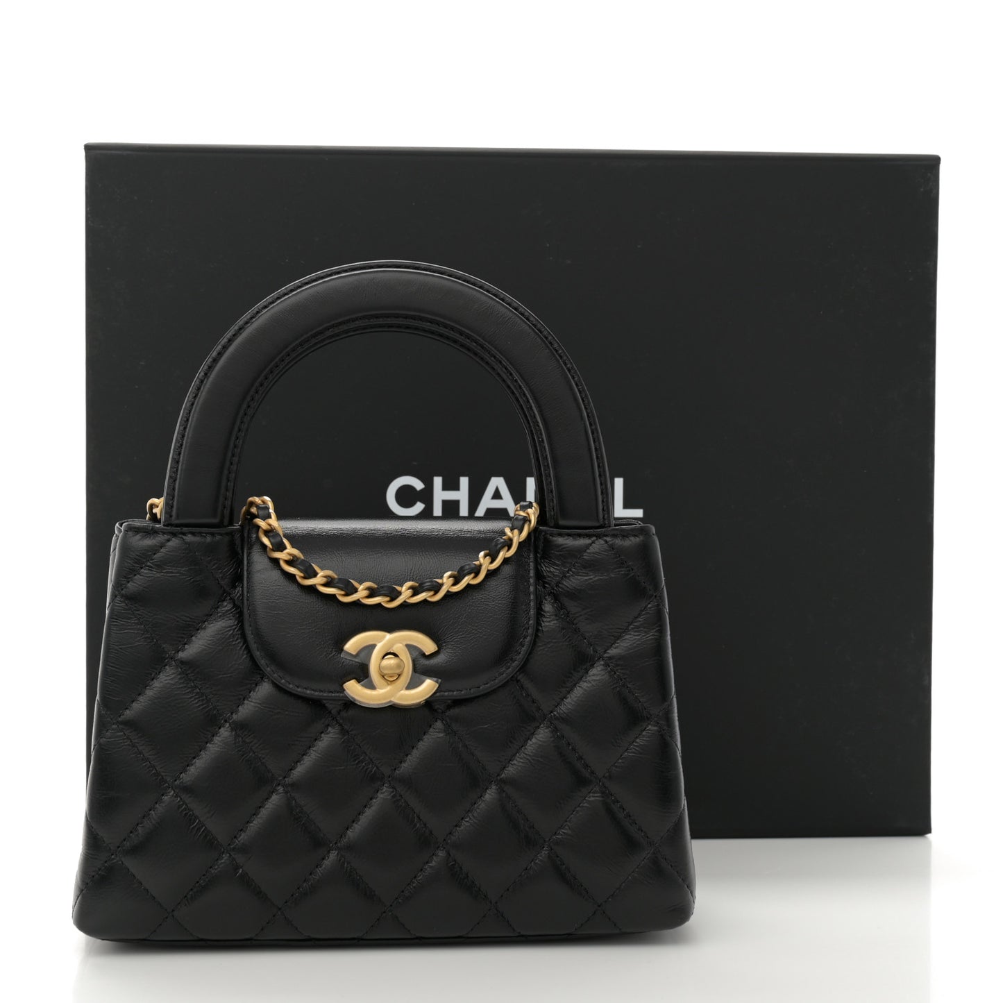 Shiny Aged Calfskin Quilted Nano Kelly Shopper Black