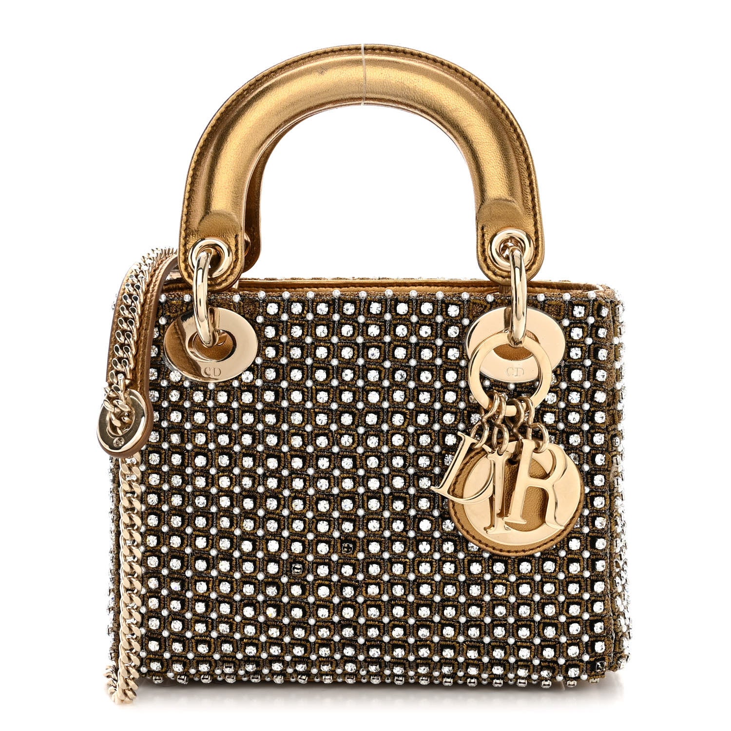 Christian Dior Metallic Calfskin Crystal Mini Lady Dior Gold