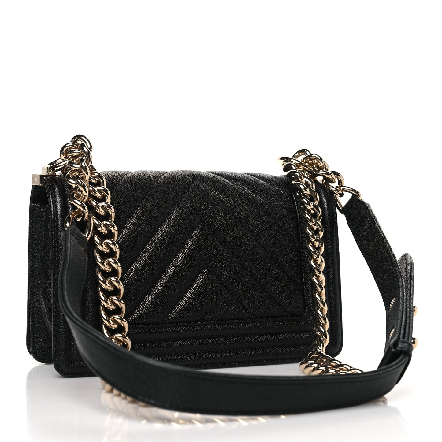 Iridescent Caviar Chevron Quilted Small Boy Flap Black