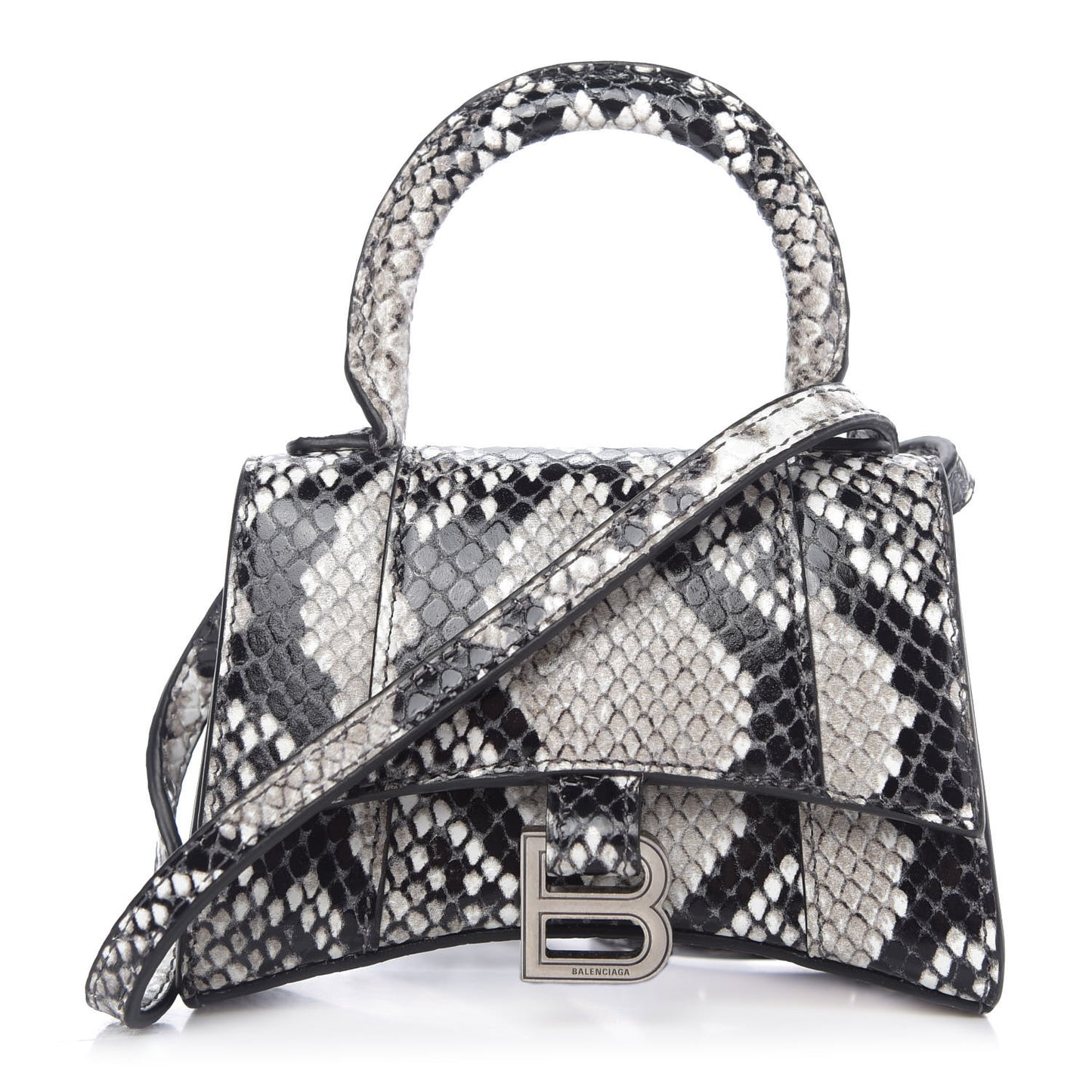 Shiny Calfskin Python Effect Hourglass Top Handle Bag Mini Black White