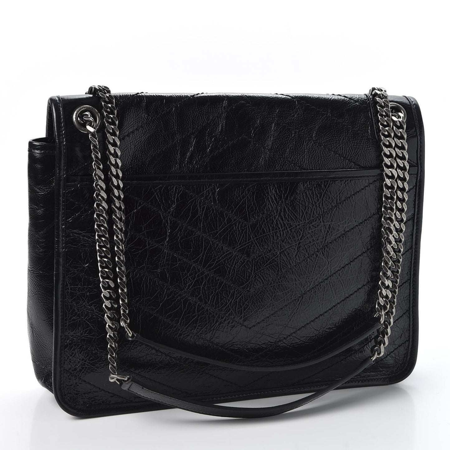 Crinkled Calfskin Matelasse Monogram Large Niki Chain Satchel Black