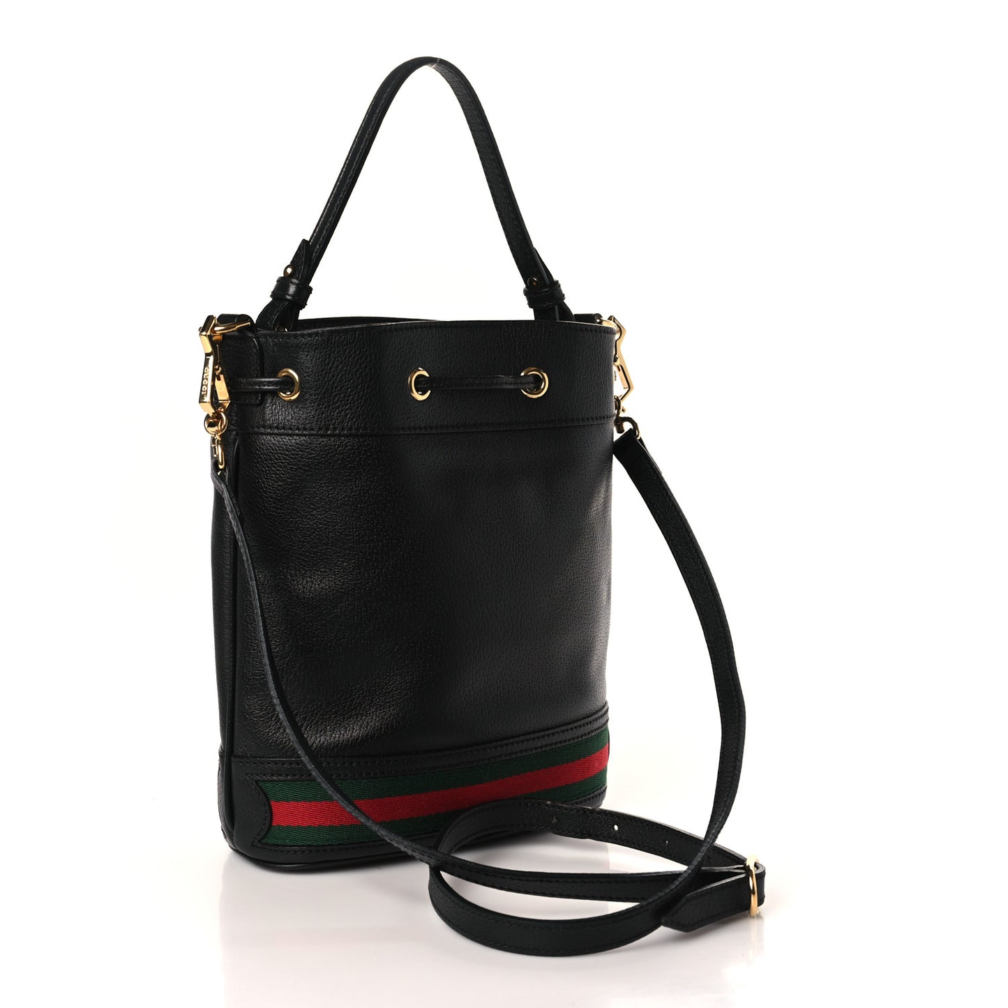 Glazed Textured Calfskin Web Small Ophidia Bucket Bag Black