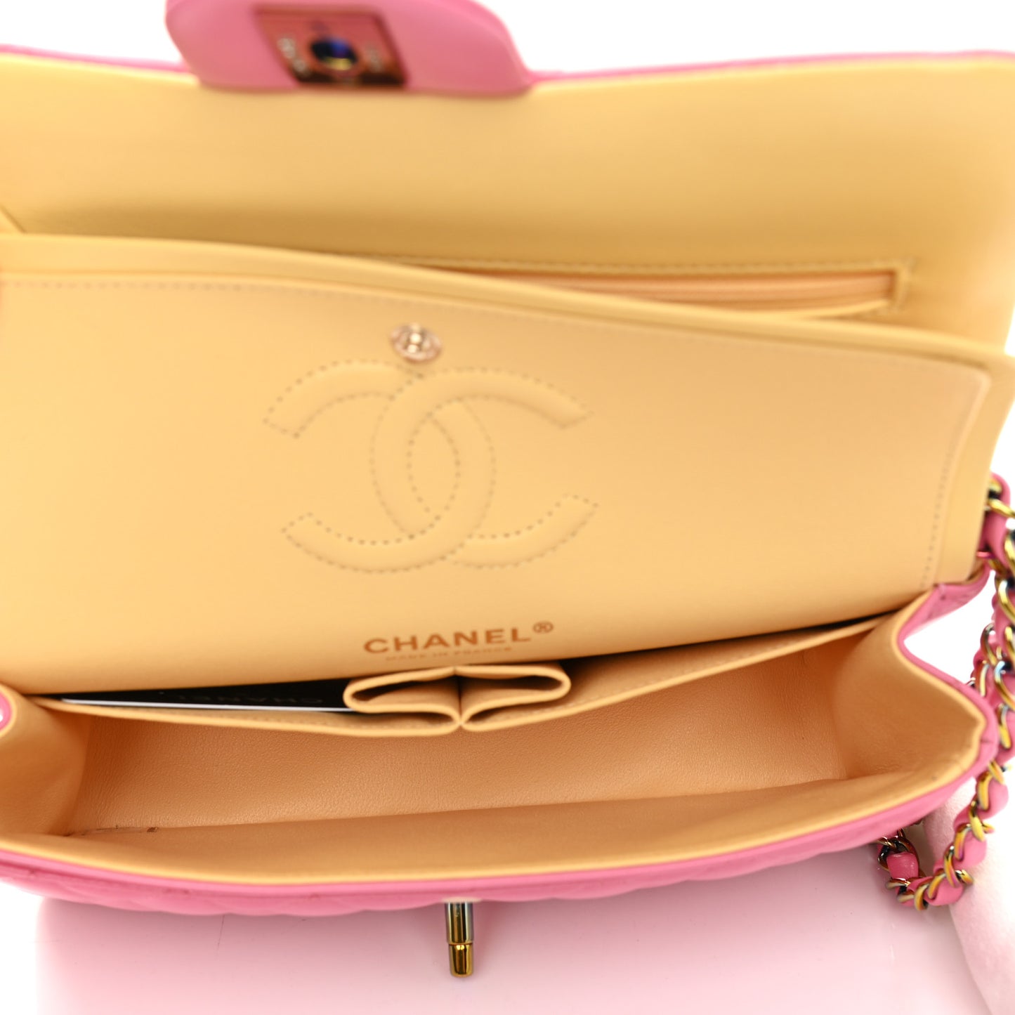 Lambskin Quilted Small Double Flap Pink Yellow