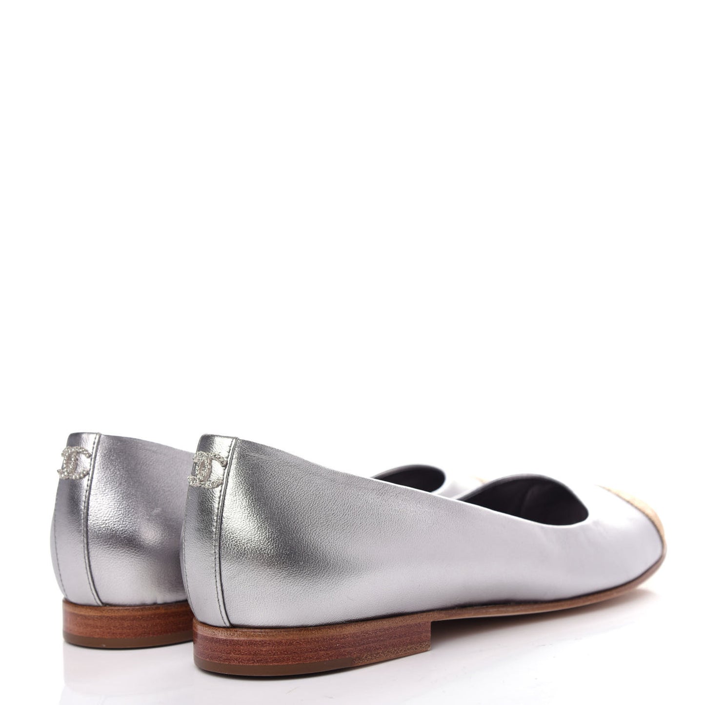 Metallic Lambskin Crystal Cap Toe CC Ballerina Flats 39 Silver Gold
