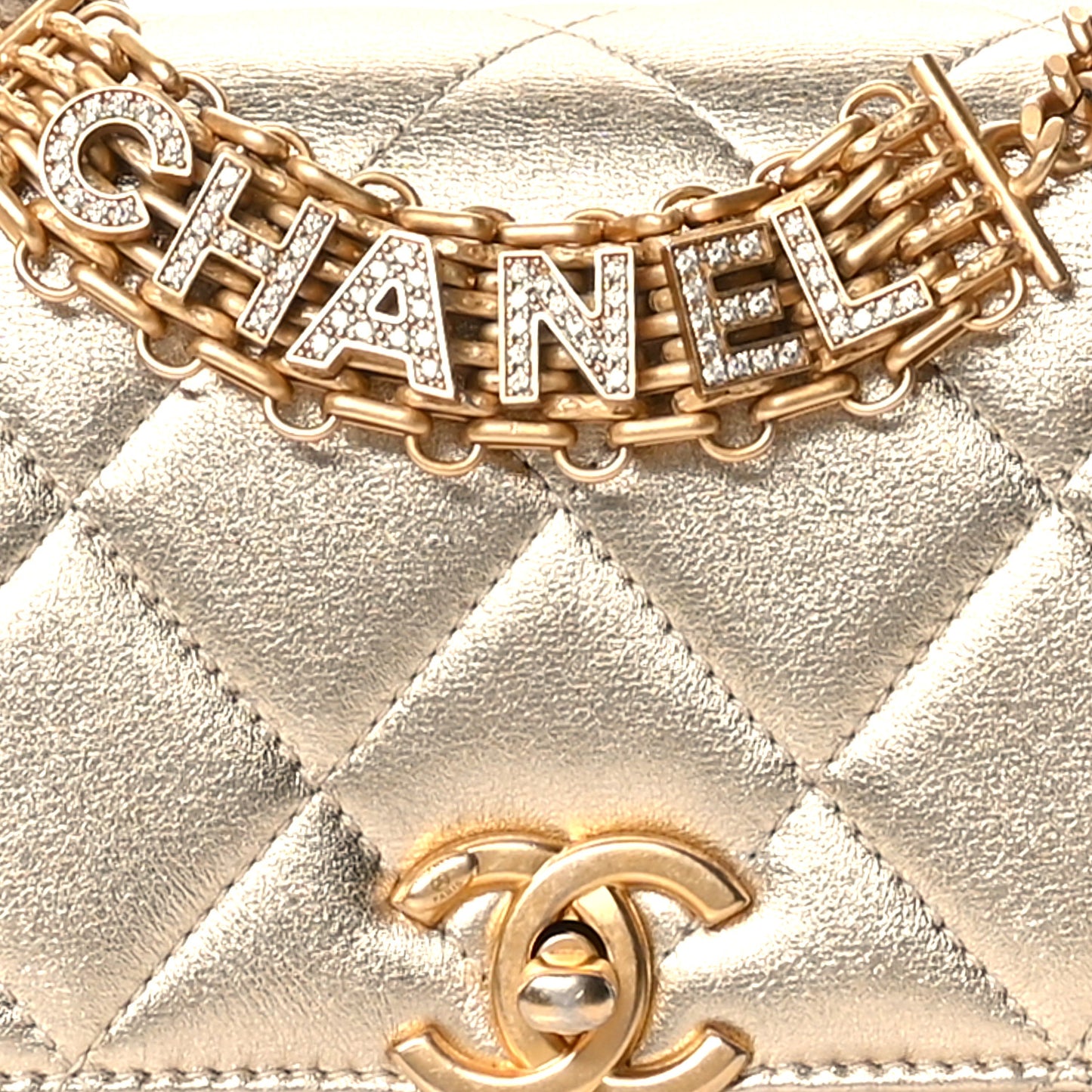 Metallic Lambskin Quilted Mini CC Crystal Logo Chain Flap Gold