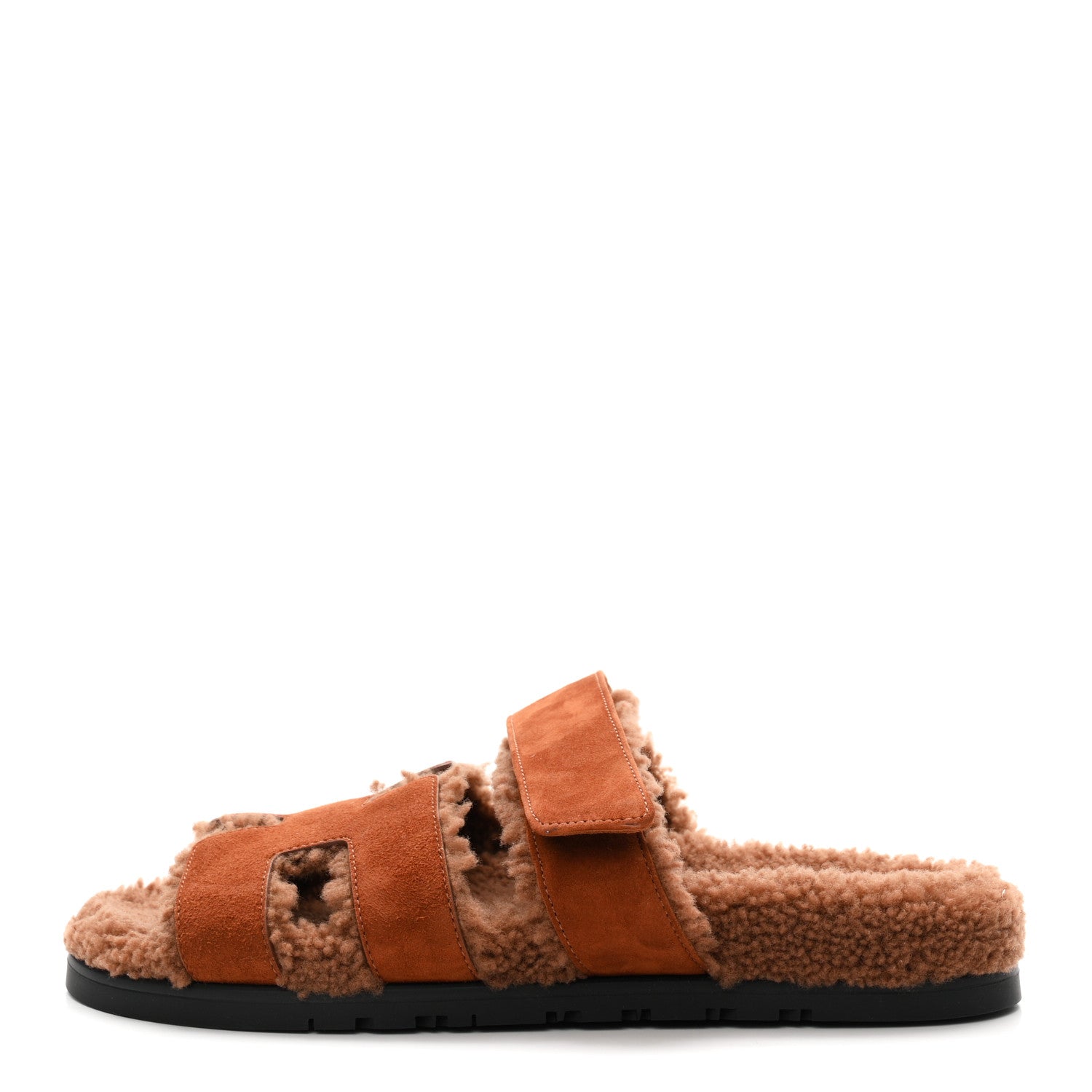 Hermes Suede Goatskin Shearling Womens Chypre Sandals 39 Gold