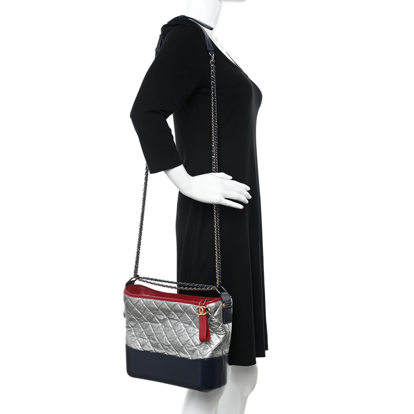 Metallic Aged Calfskin Quilted Medium Gabrielle Hobo Silver Navy Red