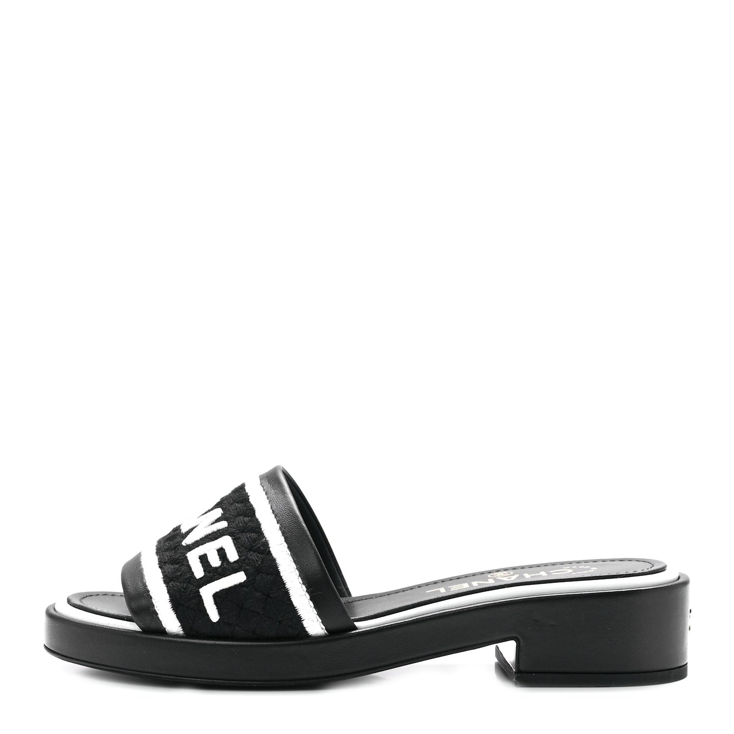 Lambskin Embroidered CC Mule Sandal 37 Black White