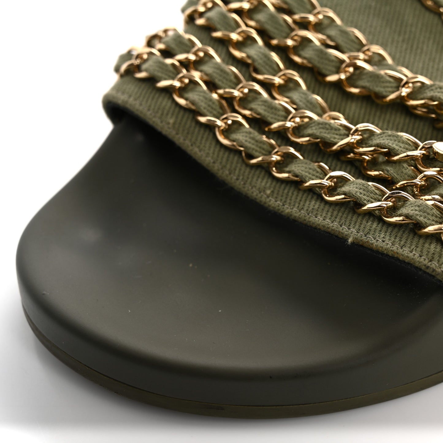 Satin Canvas Chain Slides Sandals Flats 40 Khaki