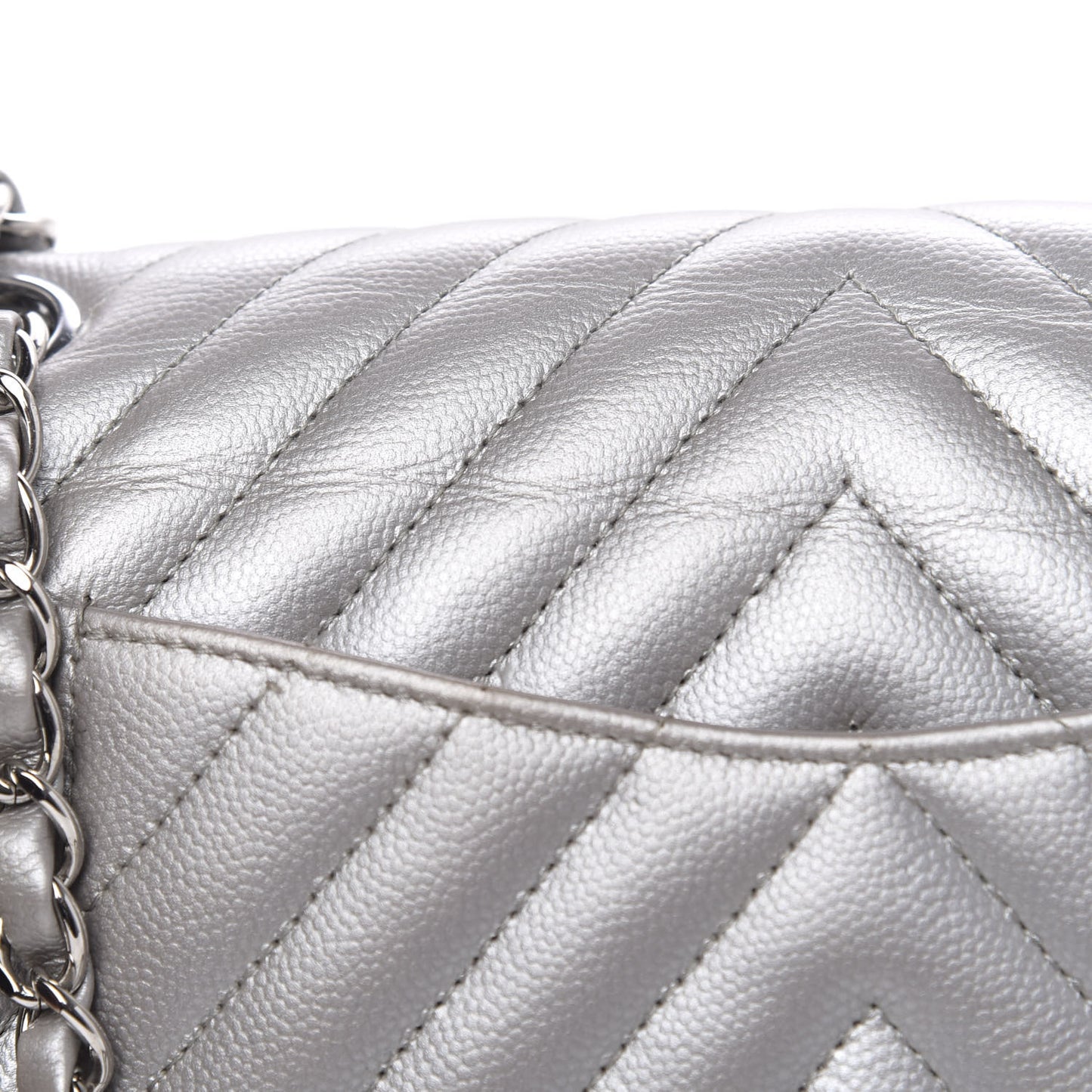 Metallic Caviar Chevron Quilted Medium Double Flap Silver