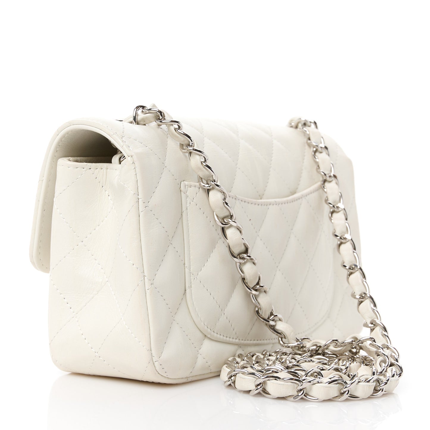Iridescent Crumpled Calfskin Quilted Mini Rectangular Flap White