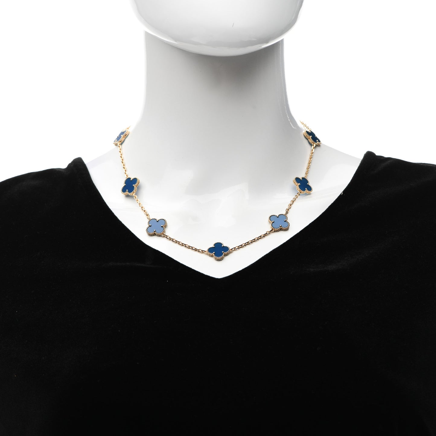 18K Yellow Gold Blue Agate 10 Motifs Vintage Alhambra Necklace
