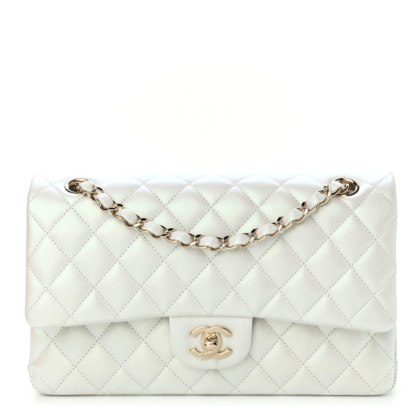 Iridescent Calfskin Quilted Medium Double Flap White