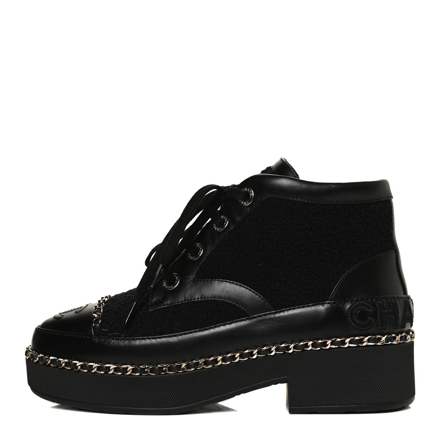 Tweed Calfskin Chain Short Boots 36 Black