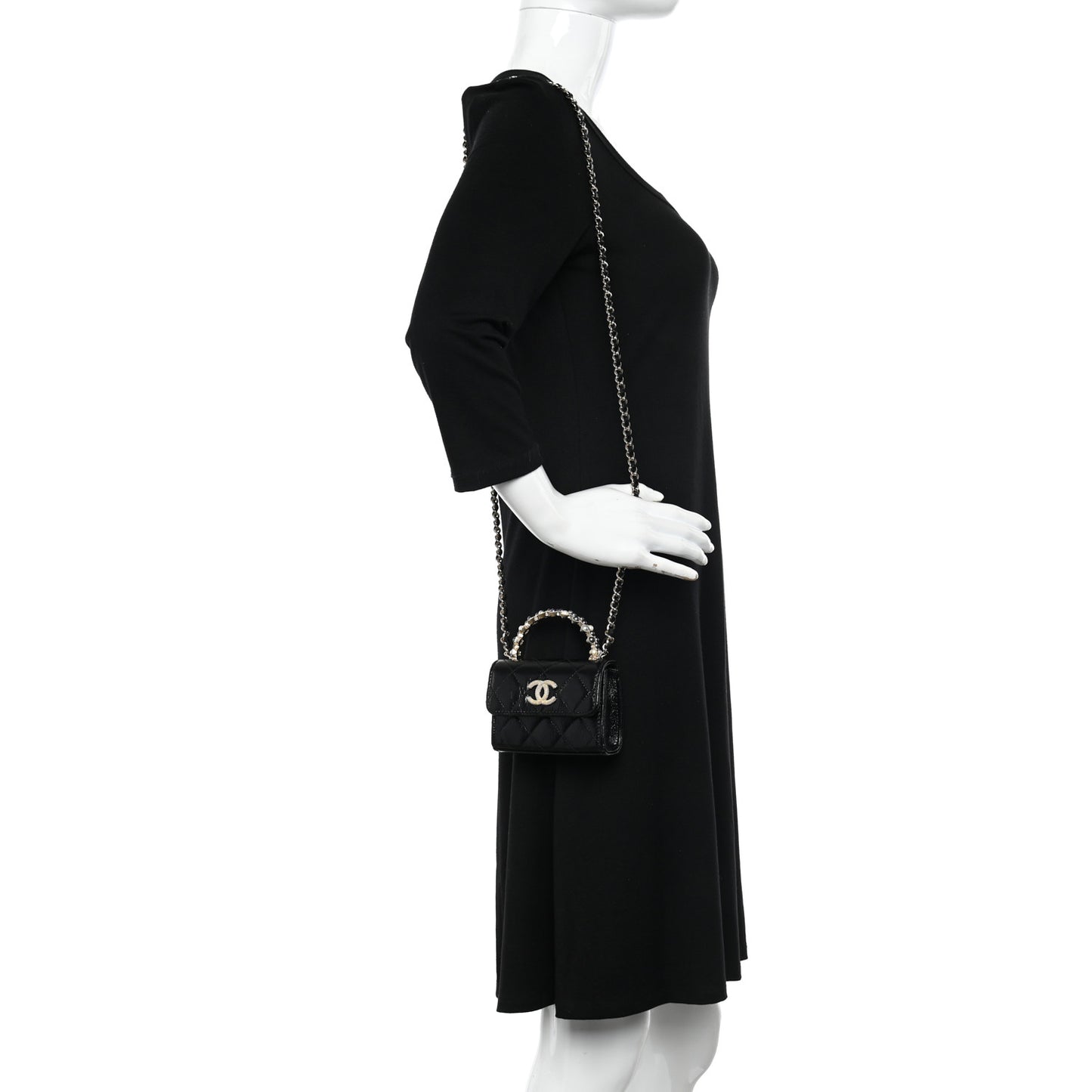 Shiny Crumpled Lambskin Quilted Pearl Small Top Handle Clutch With Chain Black