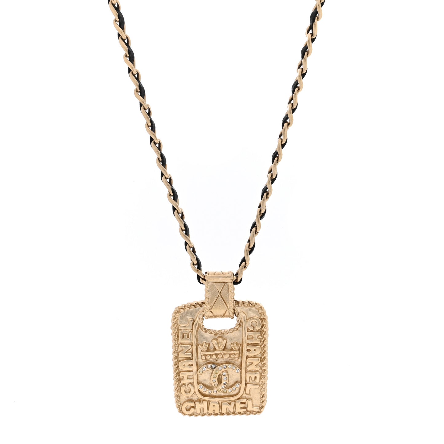 Lambskin Crystal CC Medallion Necklace Gold Black