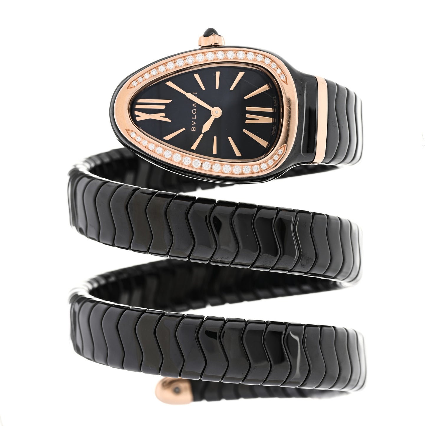 18K Rose Gold Ceramic Diamond Bezel 35mm Serpenti Tubogas Double Spiral Quartz Watch Black