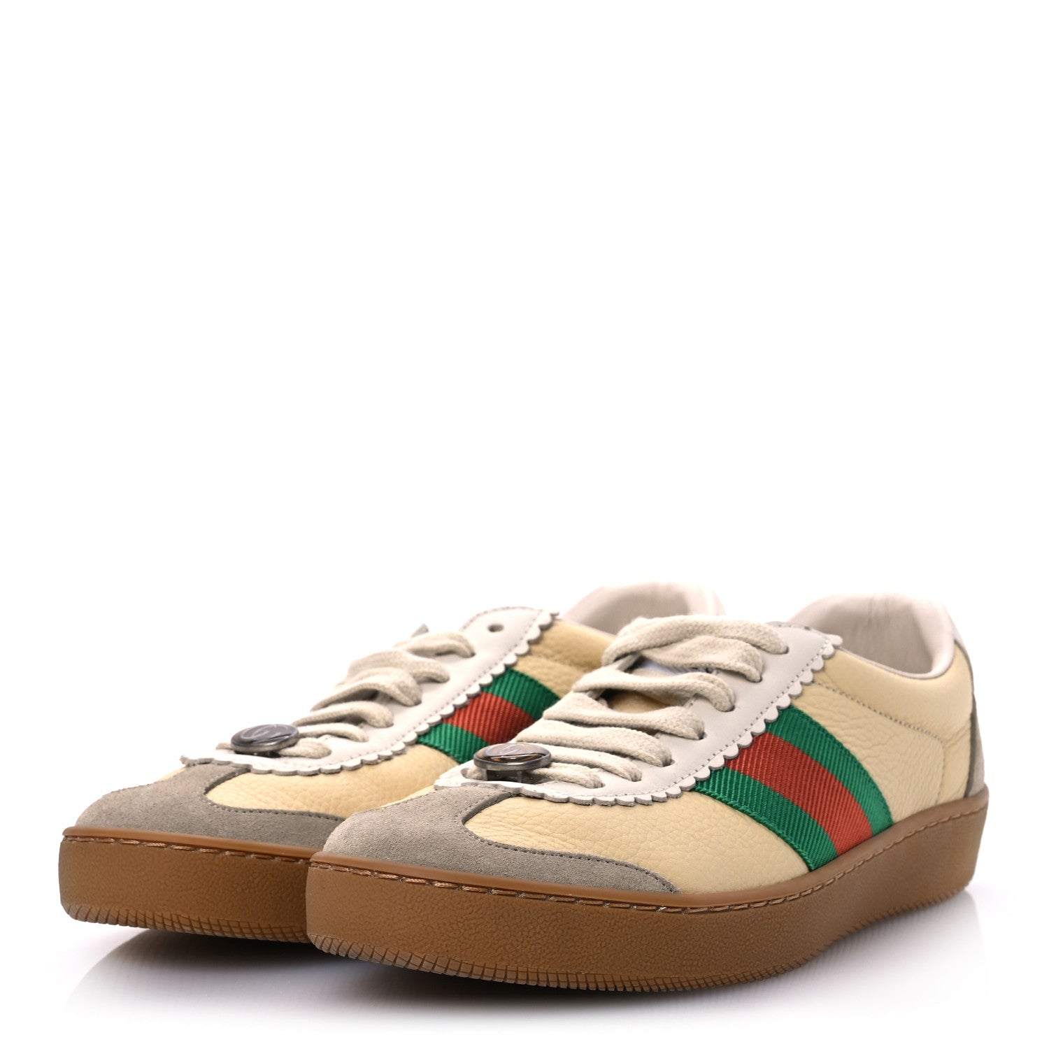 Gucci Calfskin Suede Web Womens G74 Sneakers 35.5 Oatmeal Burro New Mystic White 4 of 13