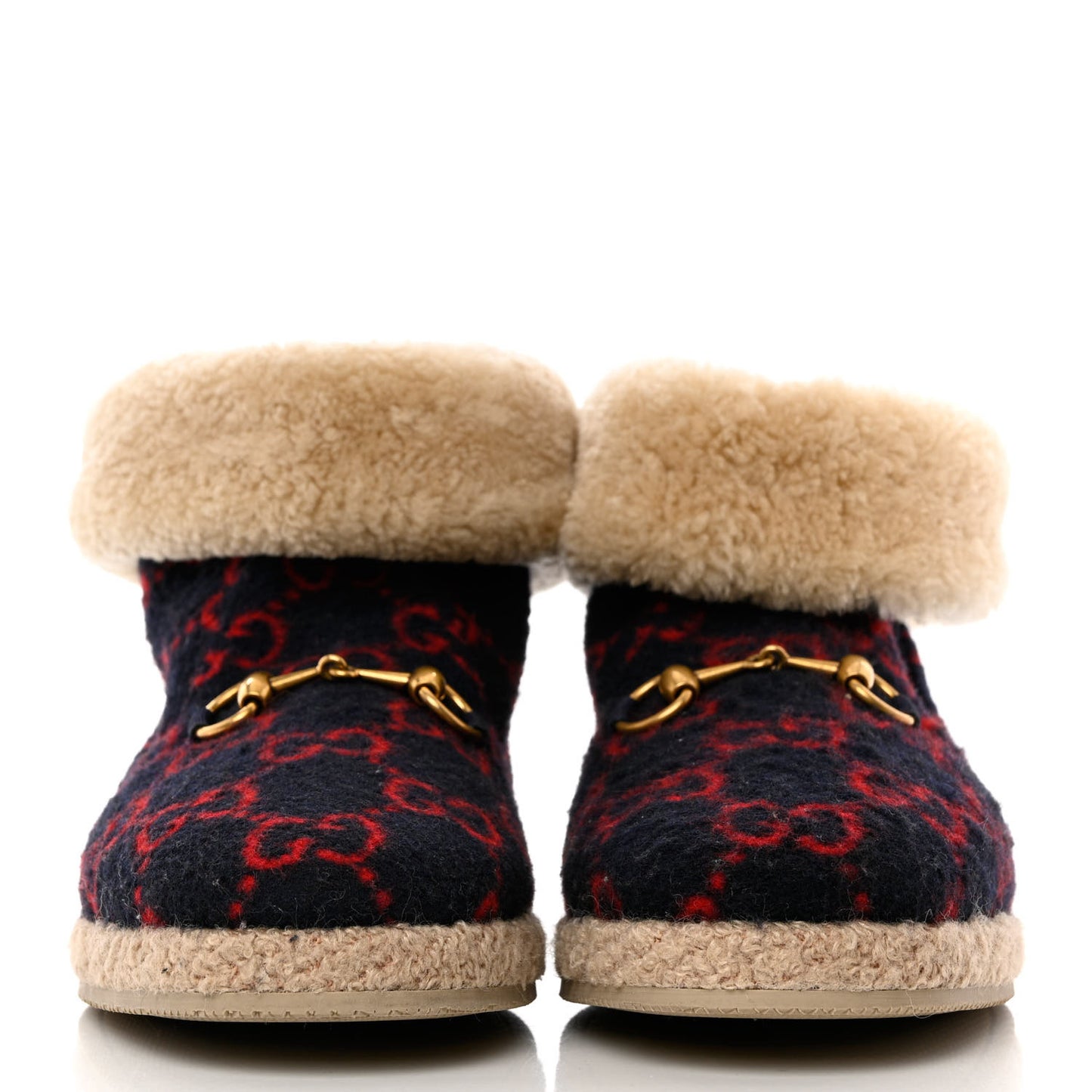 Covered Wool GG Monogram Mens Fria Horsebit Ankle Boots 8 Blue Red Butterscotch