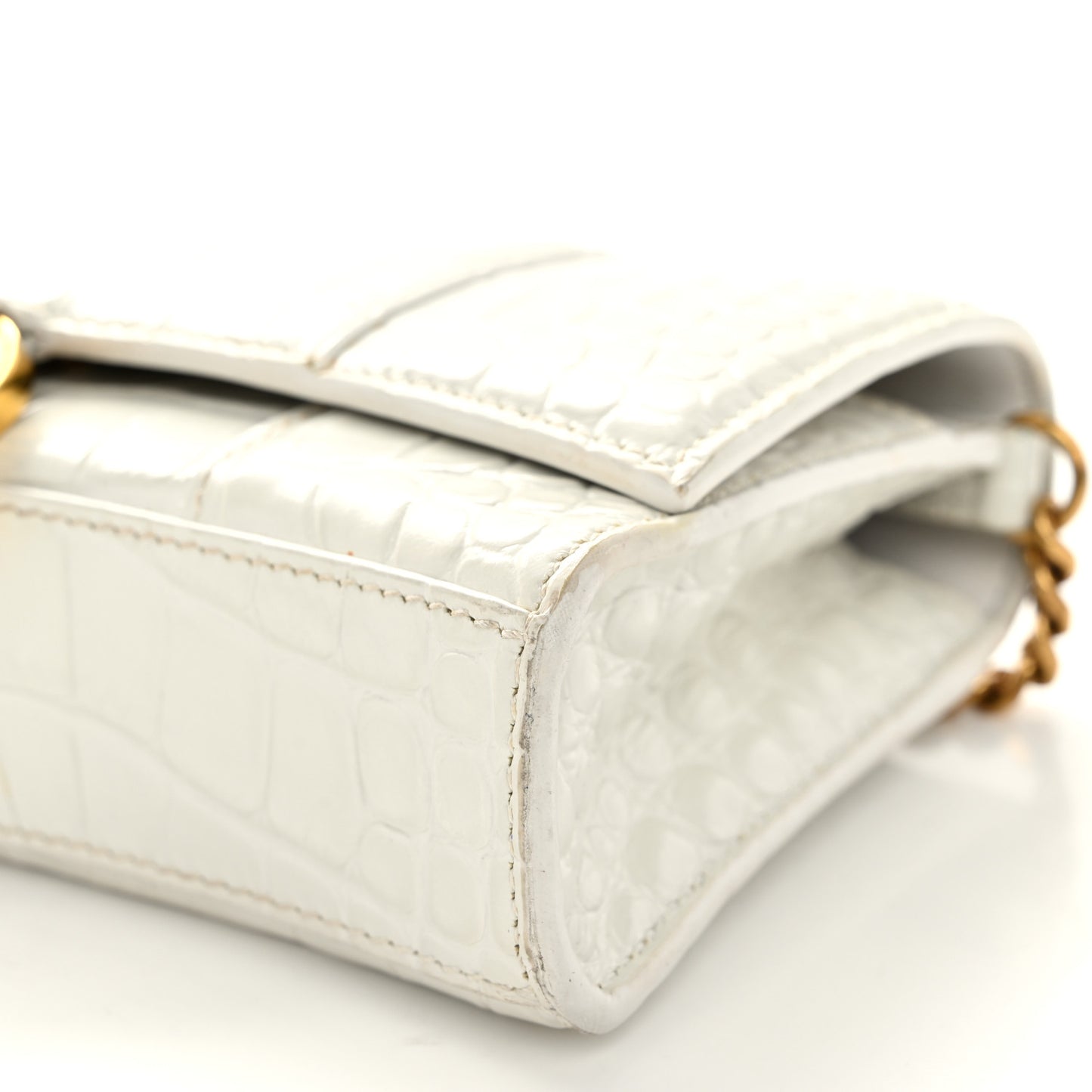 Shiny Calfskin Crocodile Embossed Hourglass Chain Bag White