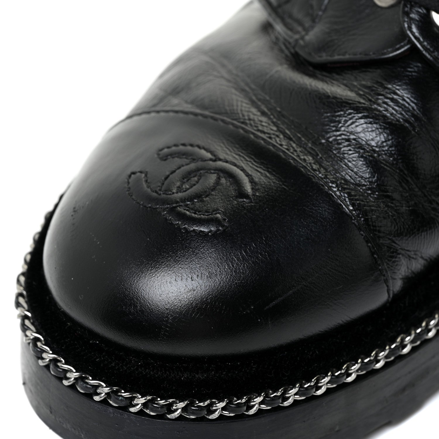 Chanel Crackled Calfskin Velvet Pearl Combat Short Boots 39 Black 12 of 19