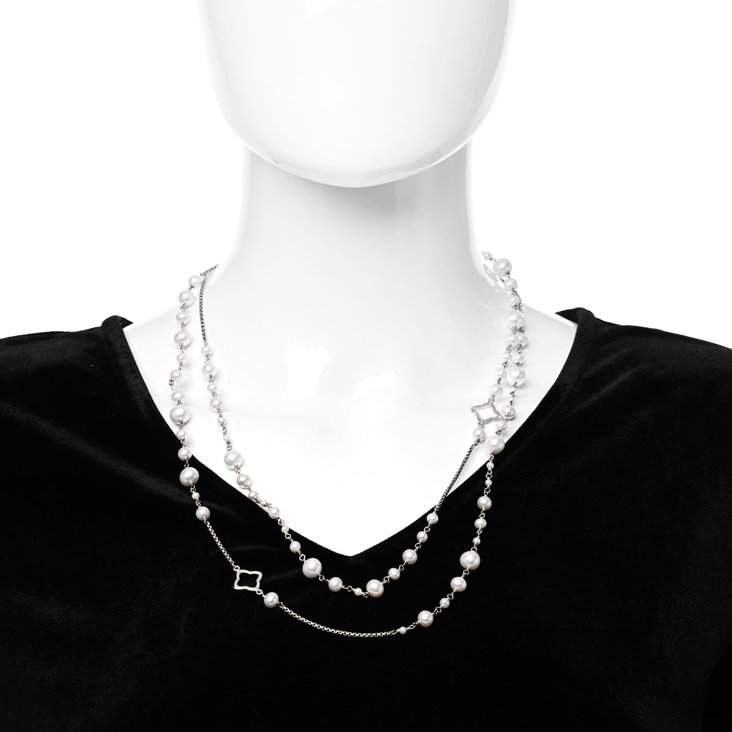 Sterling Silver Pearl Quatrefoil Long Chain Necklace