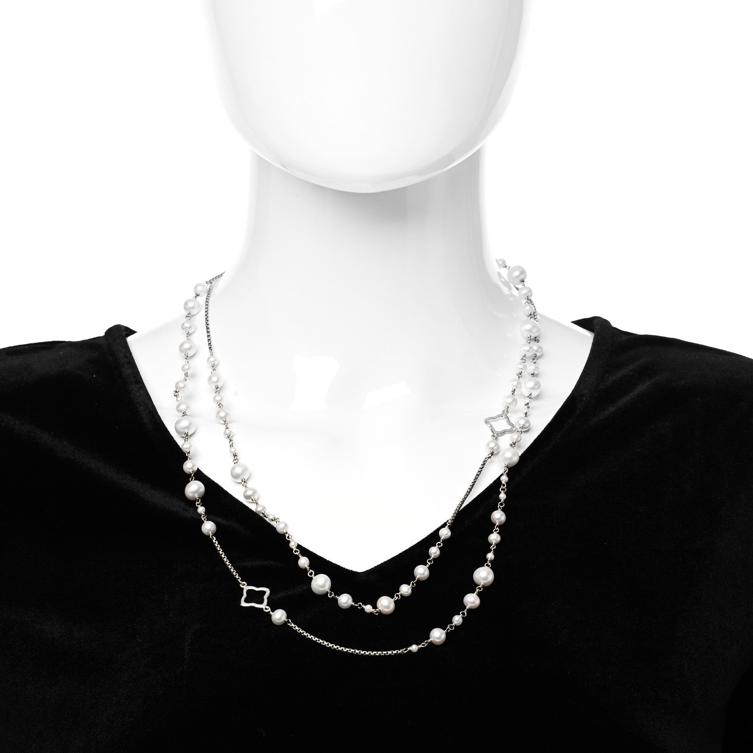 David Yurman Sterling Silver Pearl Quatrefoil Long Chain Necklace 2 of 6