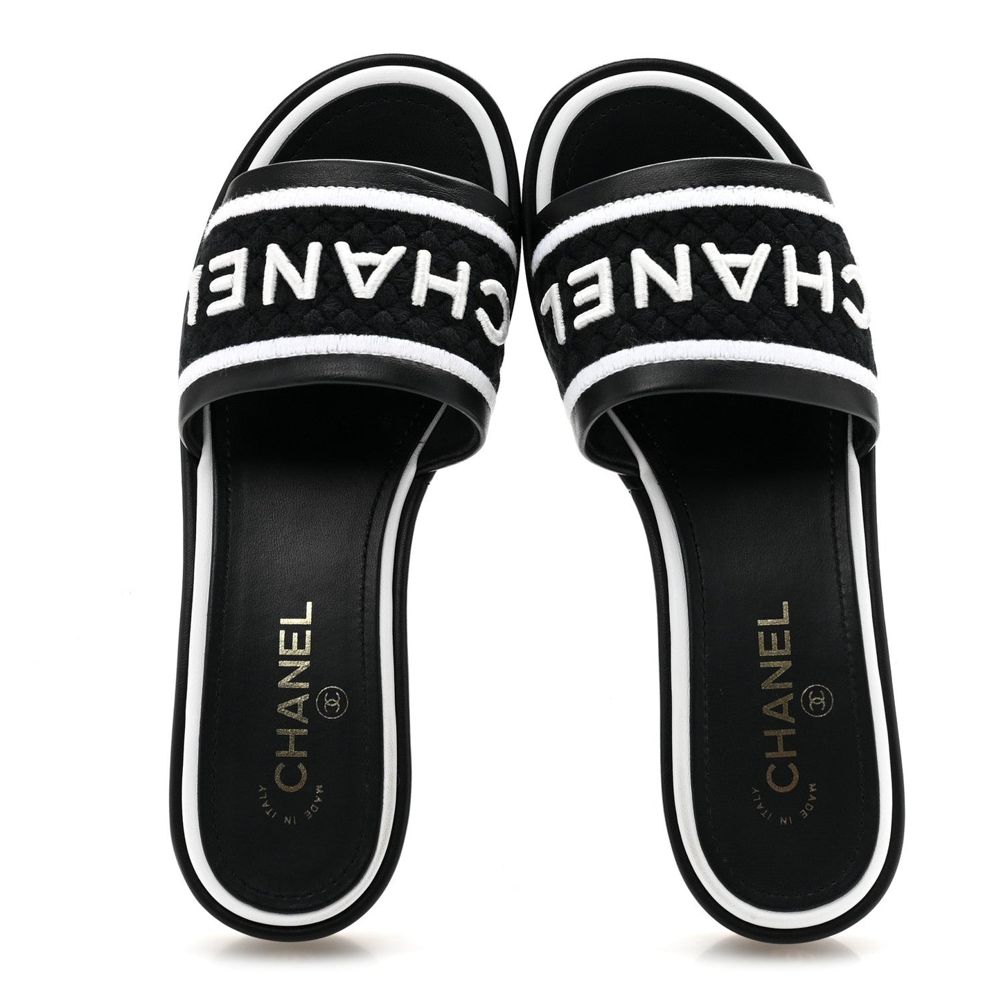 Lambskin Embroidered CC Mule Sandal 39.5 Black White