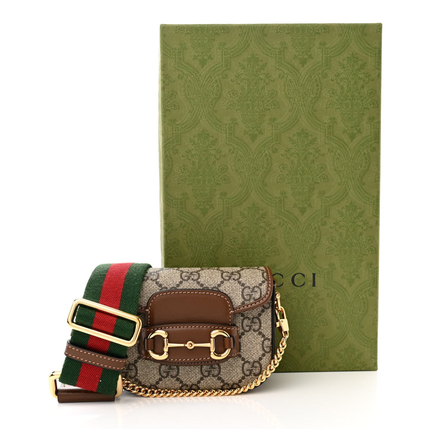 GG Supreme Monogram Azalea Calfskin Web Horsebit 1955 Wallet On Strap Beige Ebony Brown Sugar