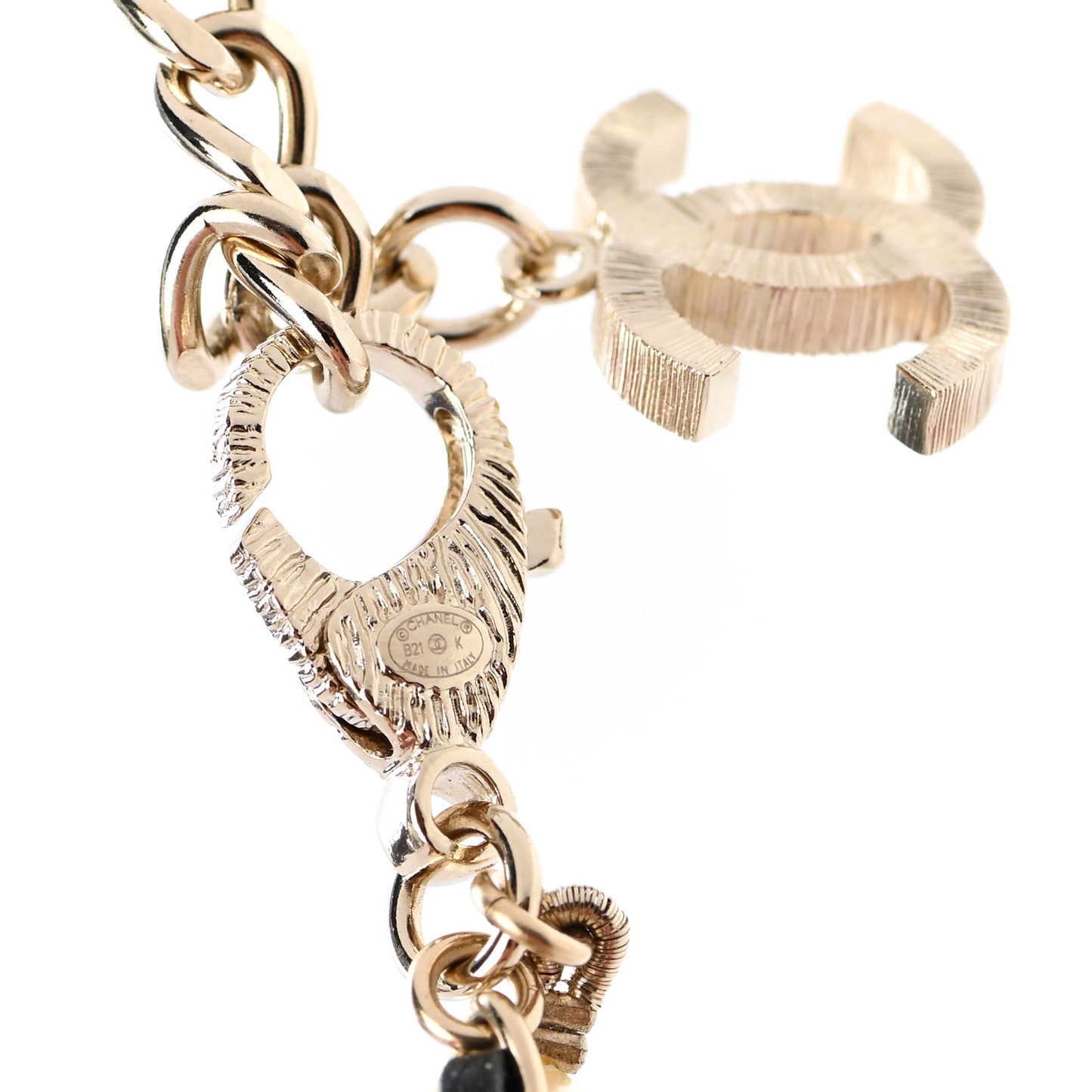 Pearl Crystal Lambskin CC Long Necklace Gold Black
