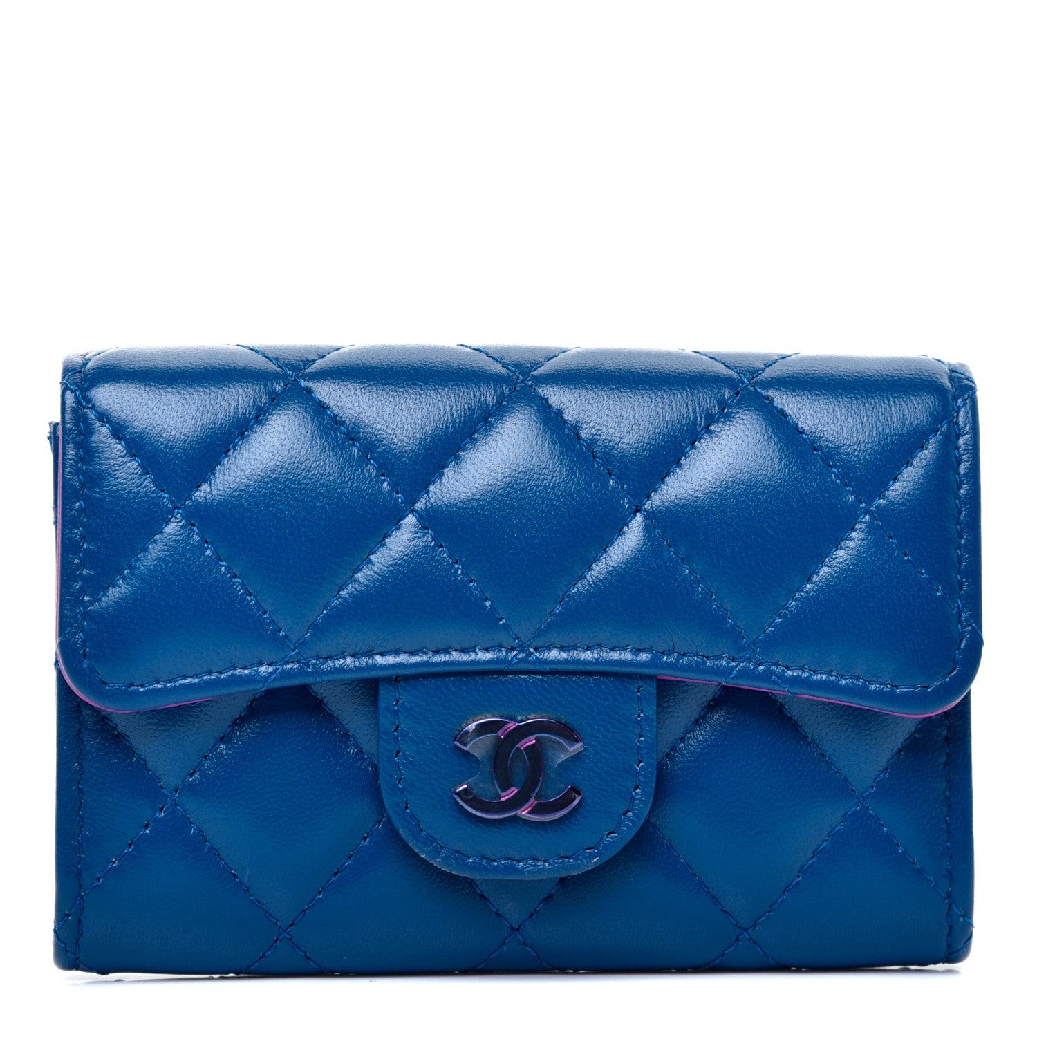 Chanel Lambskin Quilted Flap Card Holder Wallet Blue Pink 1 of 9