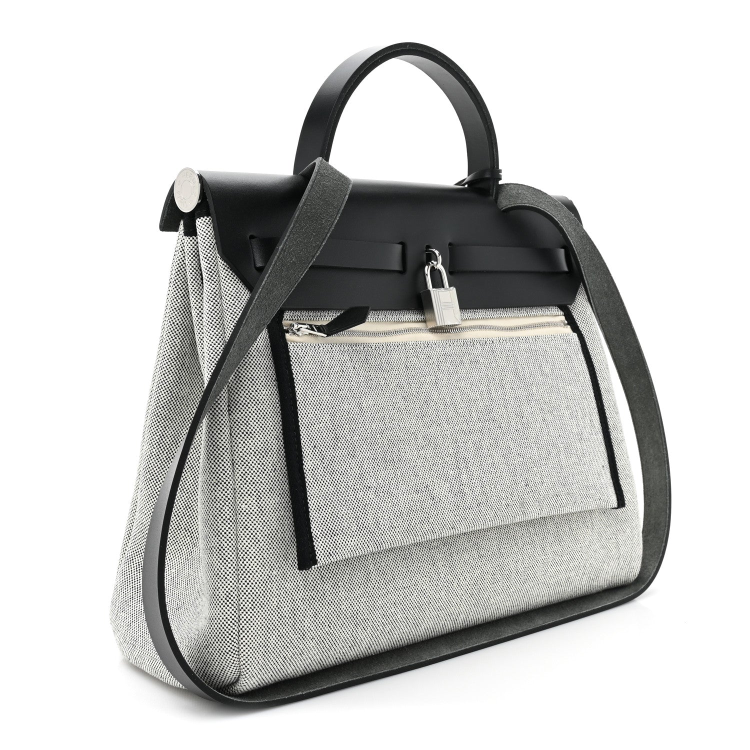 Hermes H Plume Canvas Vache Hunter Circuit Rider Hobnailed Herbag Zip Retourne 31 PM Black Ecru 4 of 11