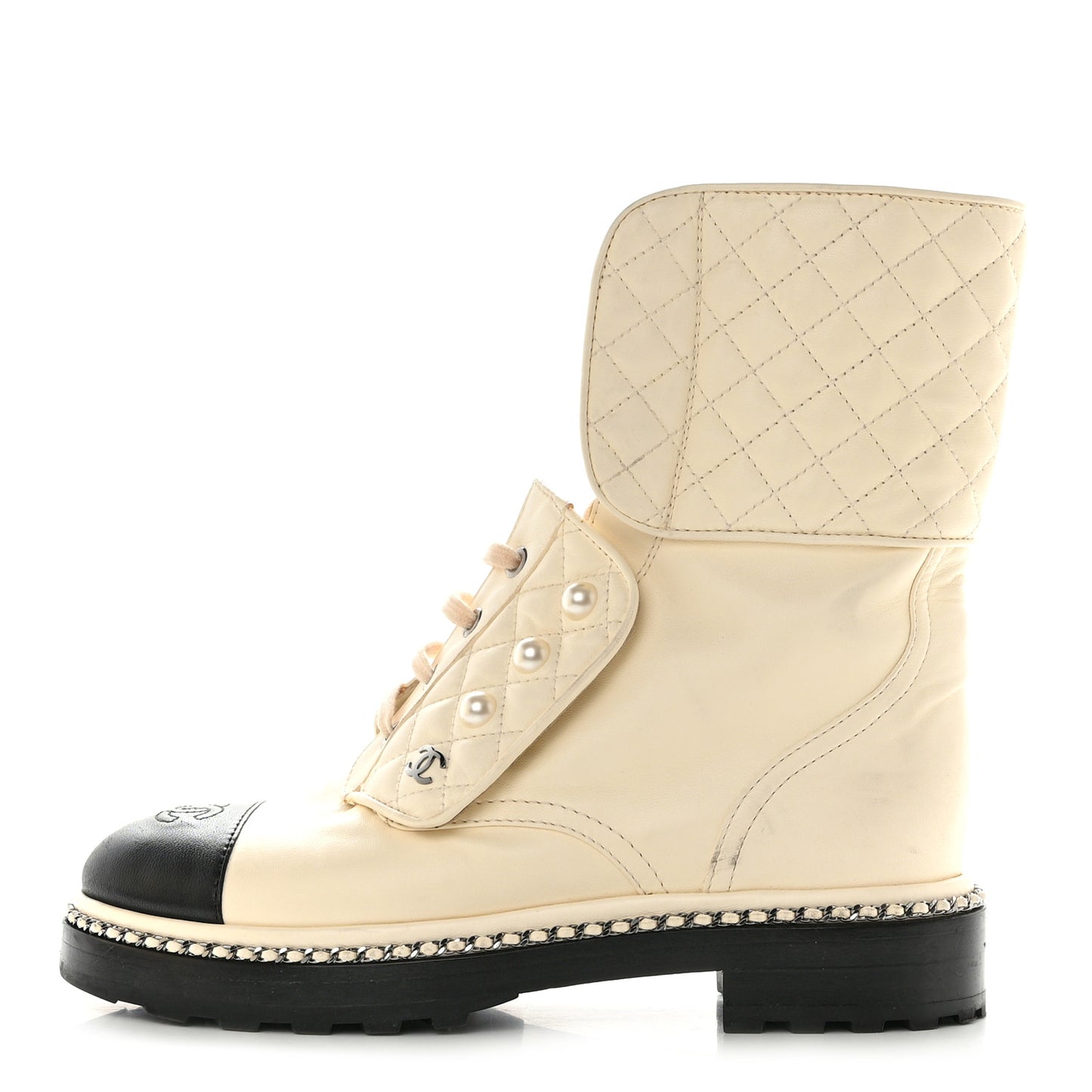 Lambskin Pearl Chain CC Combat Boots 38 Ivory Black