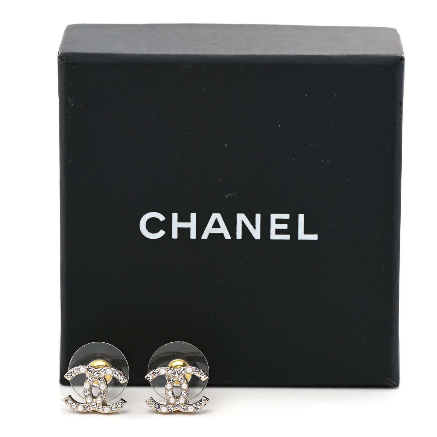 Pearl Crystal CC Charms Stud Earrings Light Gold