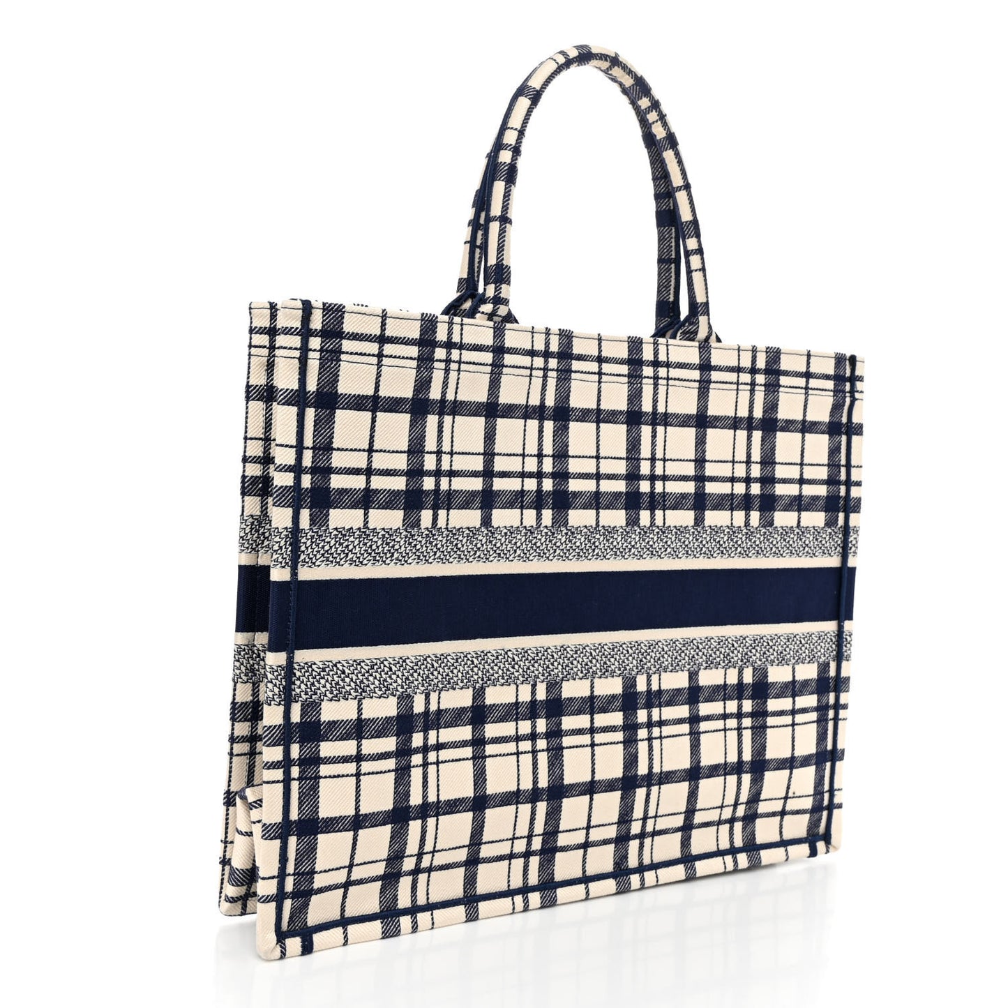 Canvas Embroidered Large Plaid Book Tote Navy