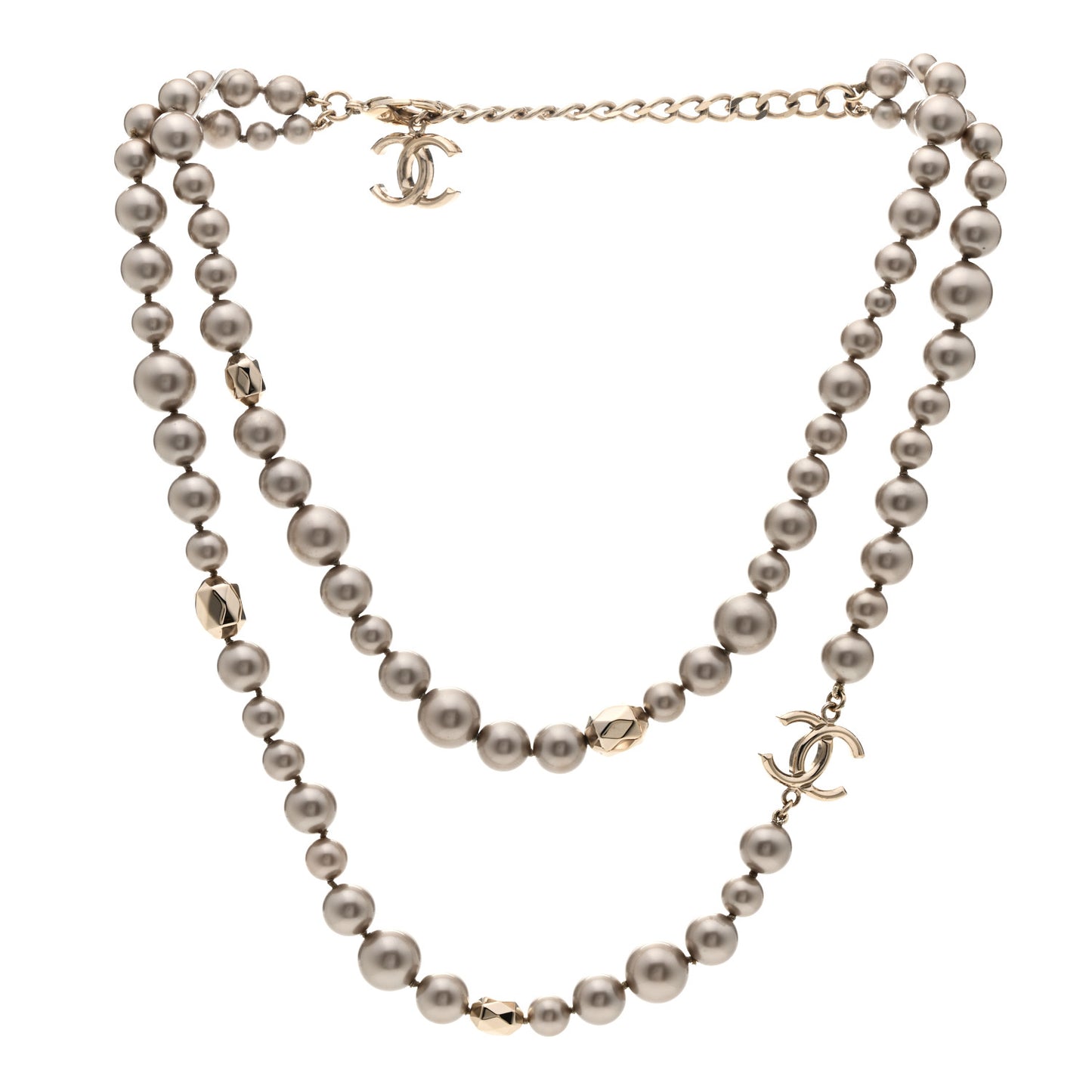 Resin Pearl Metal CC Long Necklace Golden Pearly Beige