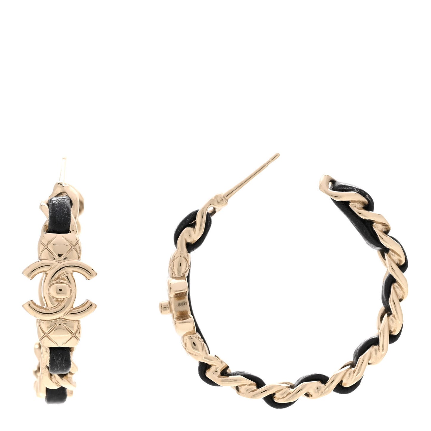 Metal Lambskin Quilted CC Turnlock Chain Hoop Earrings Gold Black