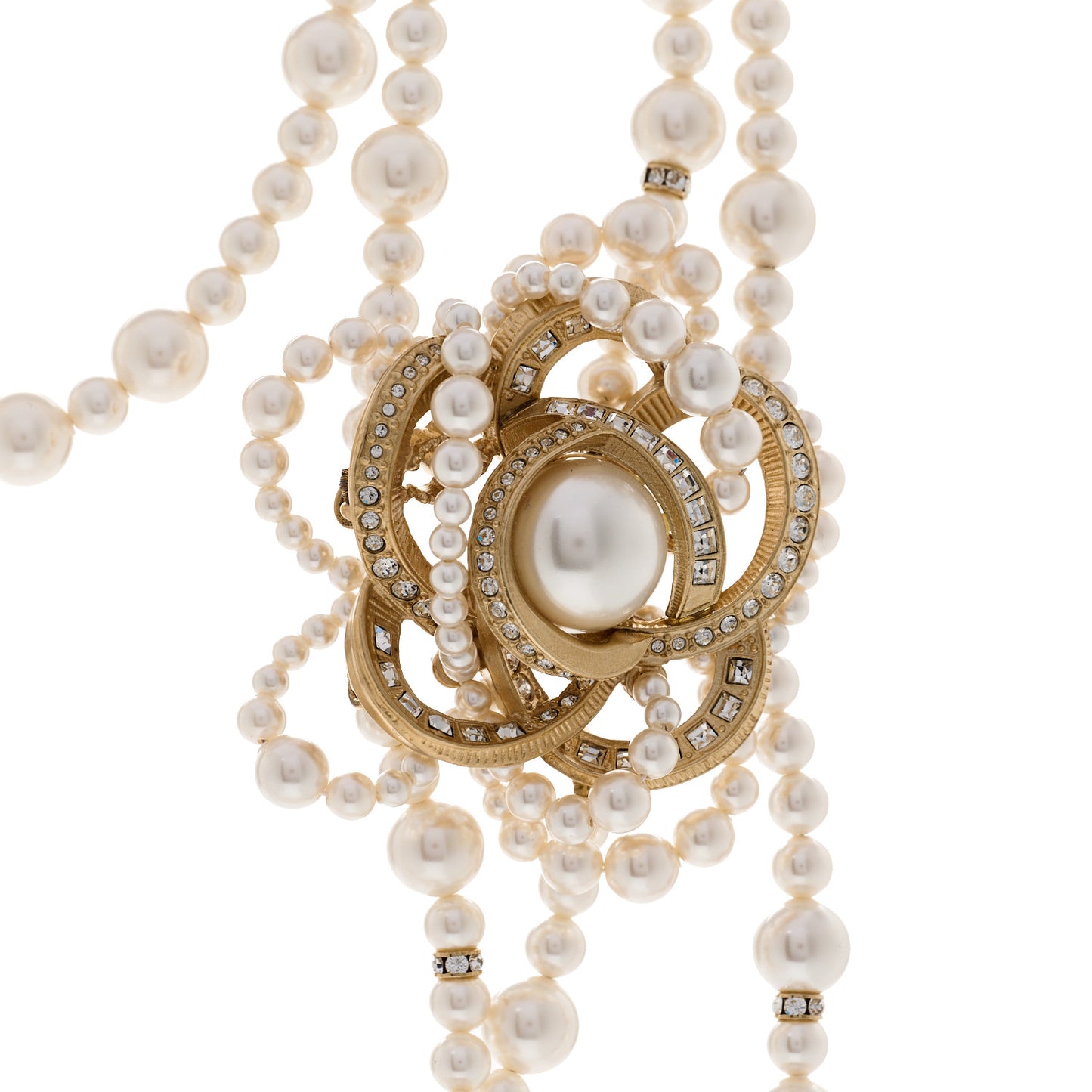 Pearl Crystal CC Camellia Multi Strand Necklace Gold White