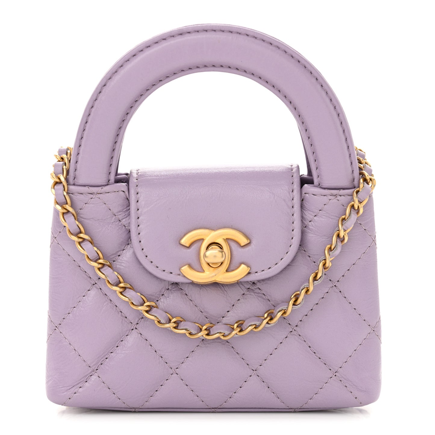 Shiny Aged Calfskin Quilted Mini Nano Kelly Shopper Lilac