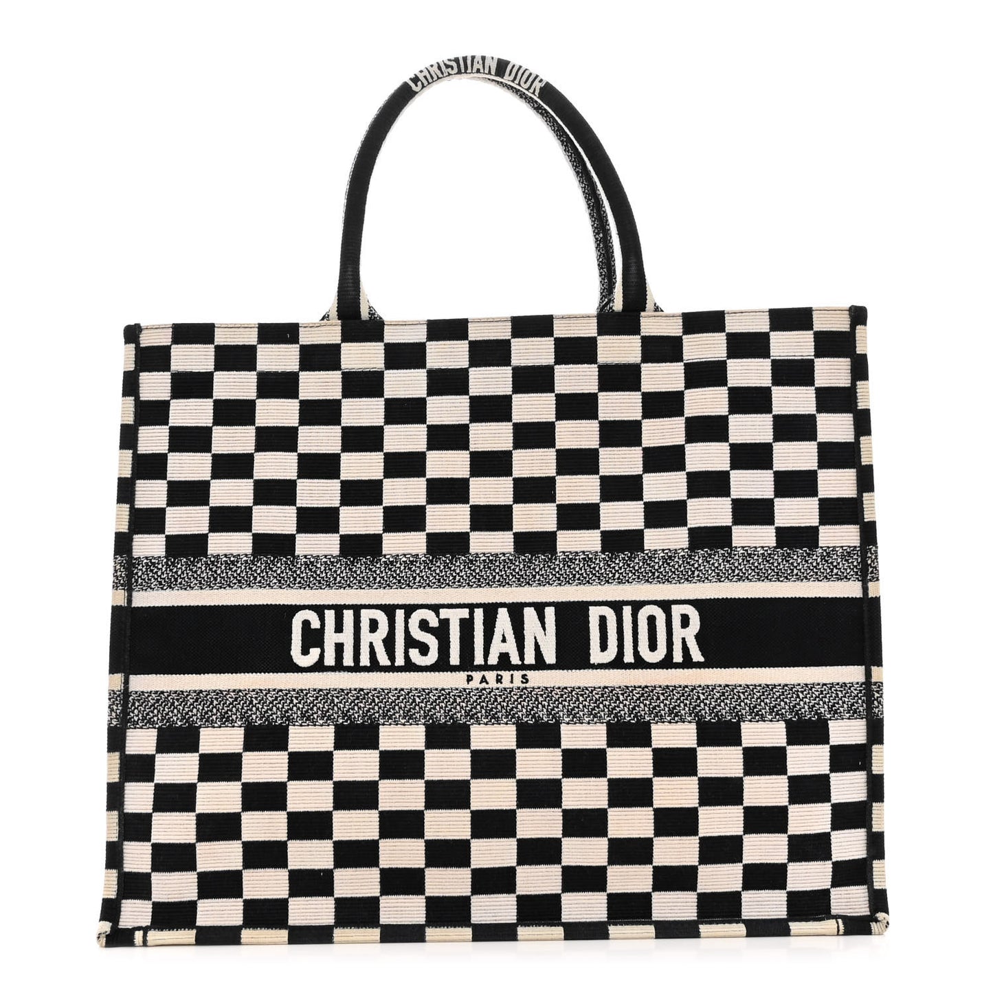 Canvas Embroidered Checkered Book Tote Black White