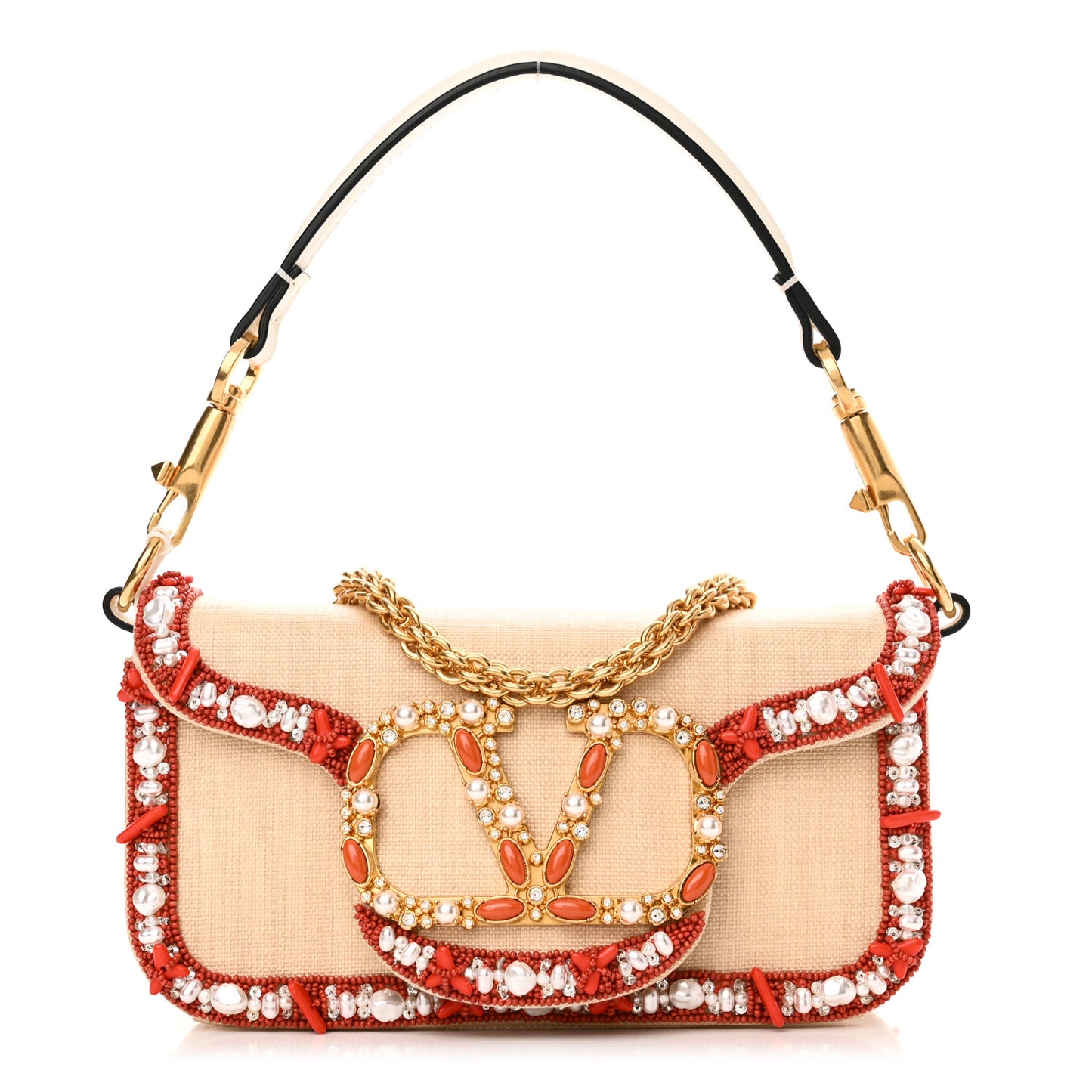 Raffia Beaded Crystal Embroidered Vlogo Small Loco Shoulder Bag Natural Orange