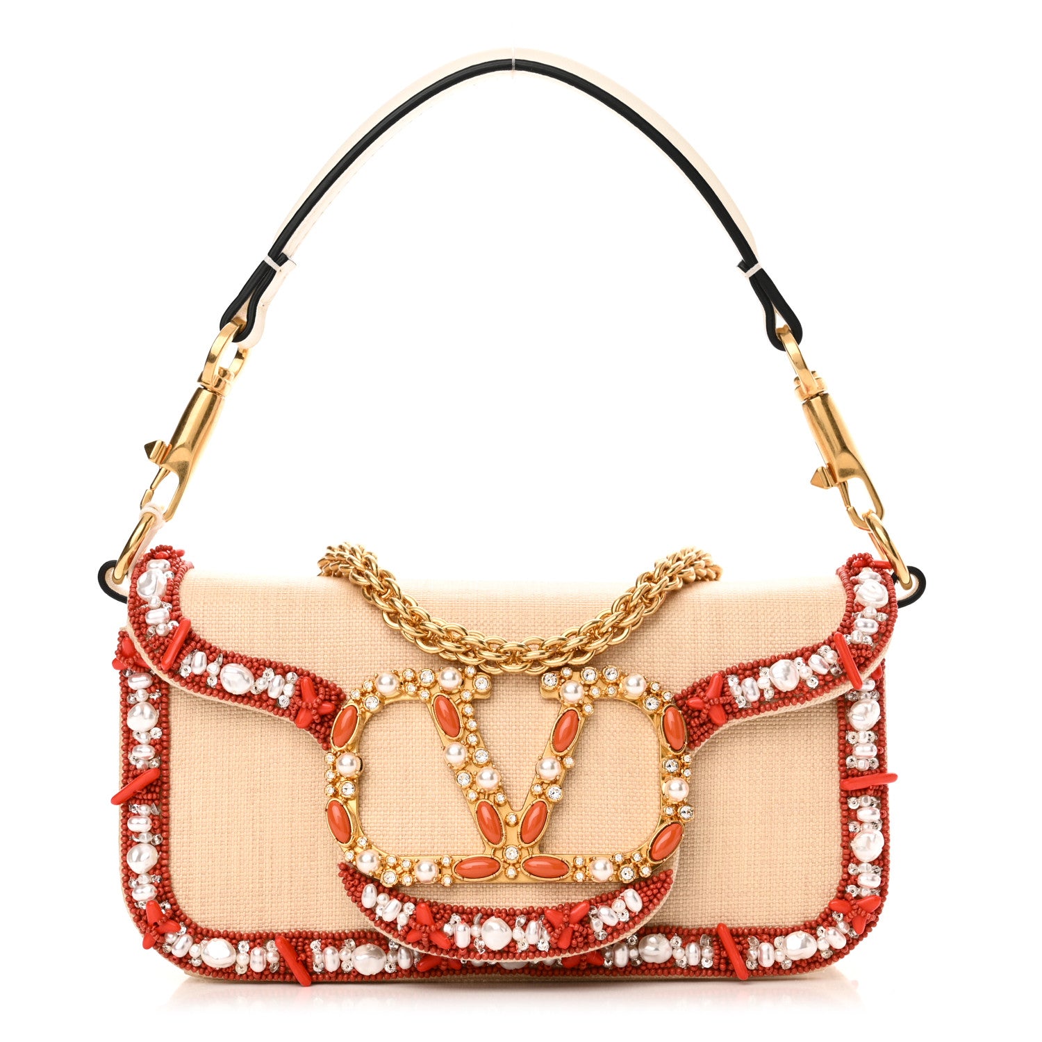 Valentino Garavani Raffia Beaded Crystal Embroidered Vlogo Small Loco Shoulder Bag Natural Orange 1 of 12