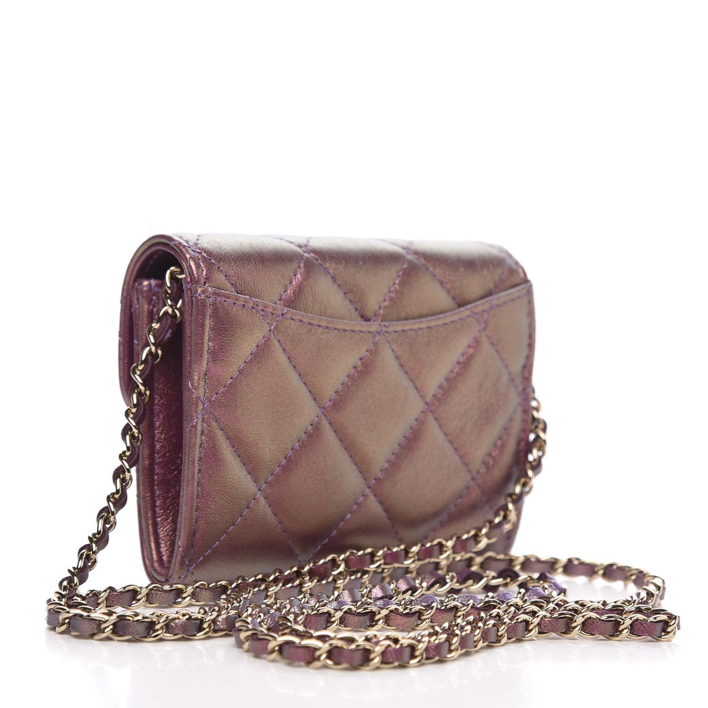 Iridescent Lambskin Quilted Flap Card Holder On Chain Purple