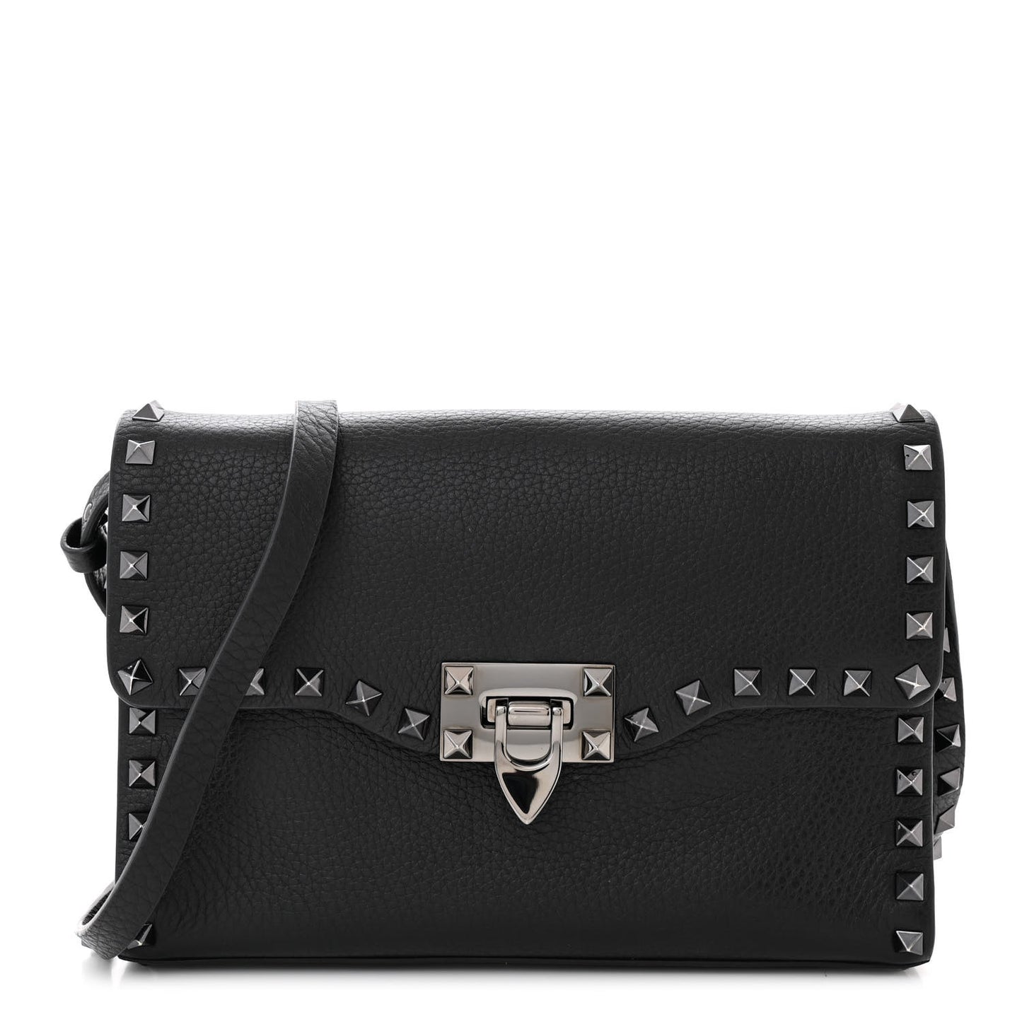 Pebbled Calfskin Monochrome Medium Rockstud Flip Lock Crossbody Bag Black