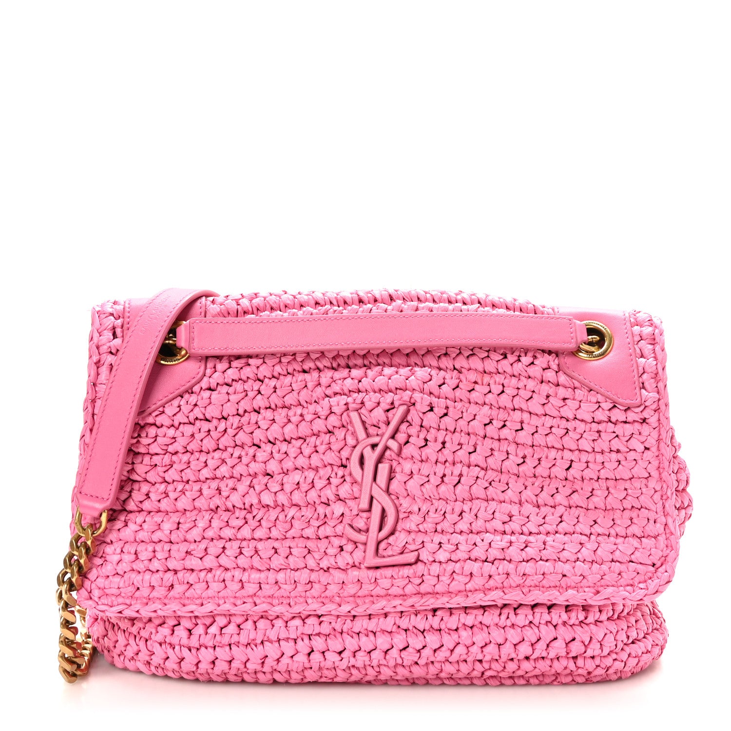 Saint Laurent Raffia Calfskin Monogram Medium Niki Chain Satchel Bright Pink 1 of 9