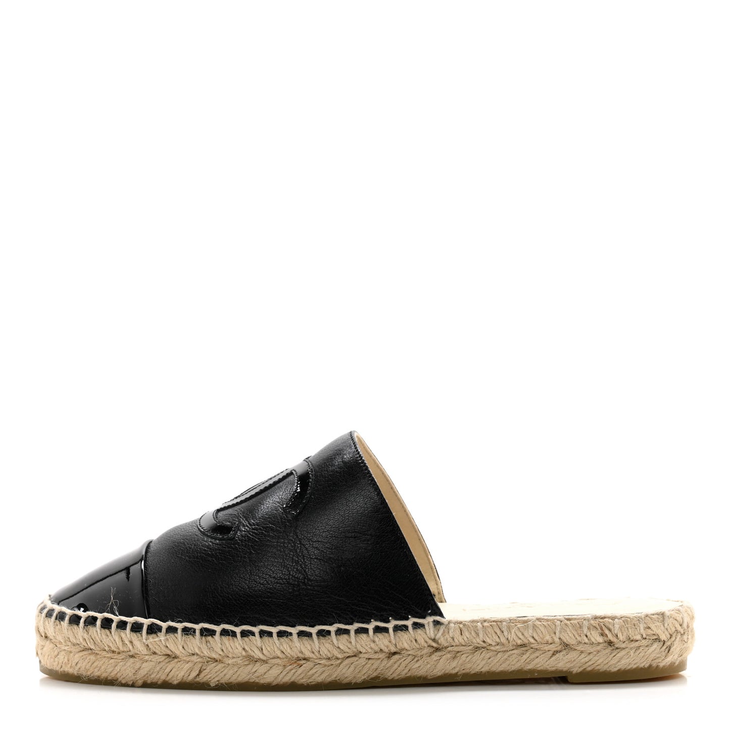 Iridescent Goatskin Patent CC Espadrille Mules 36 Black